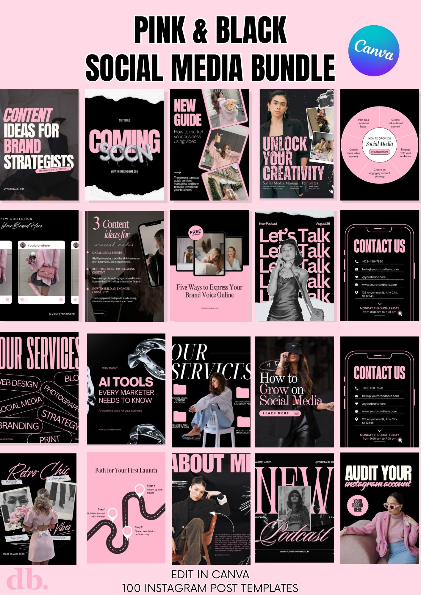 Pink & Black Instagram templates, Social media templates, Instagram posts, MRR PLR