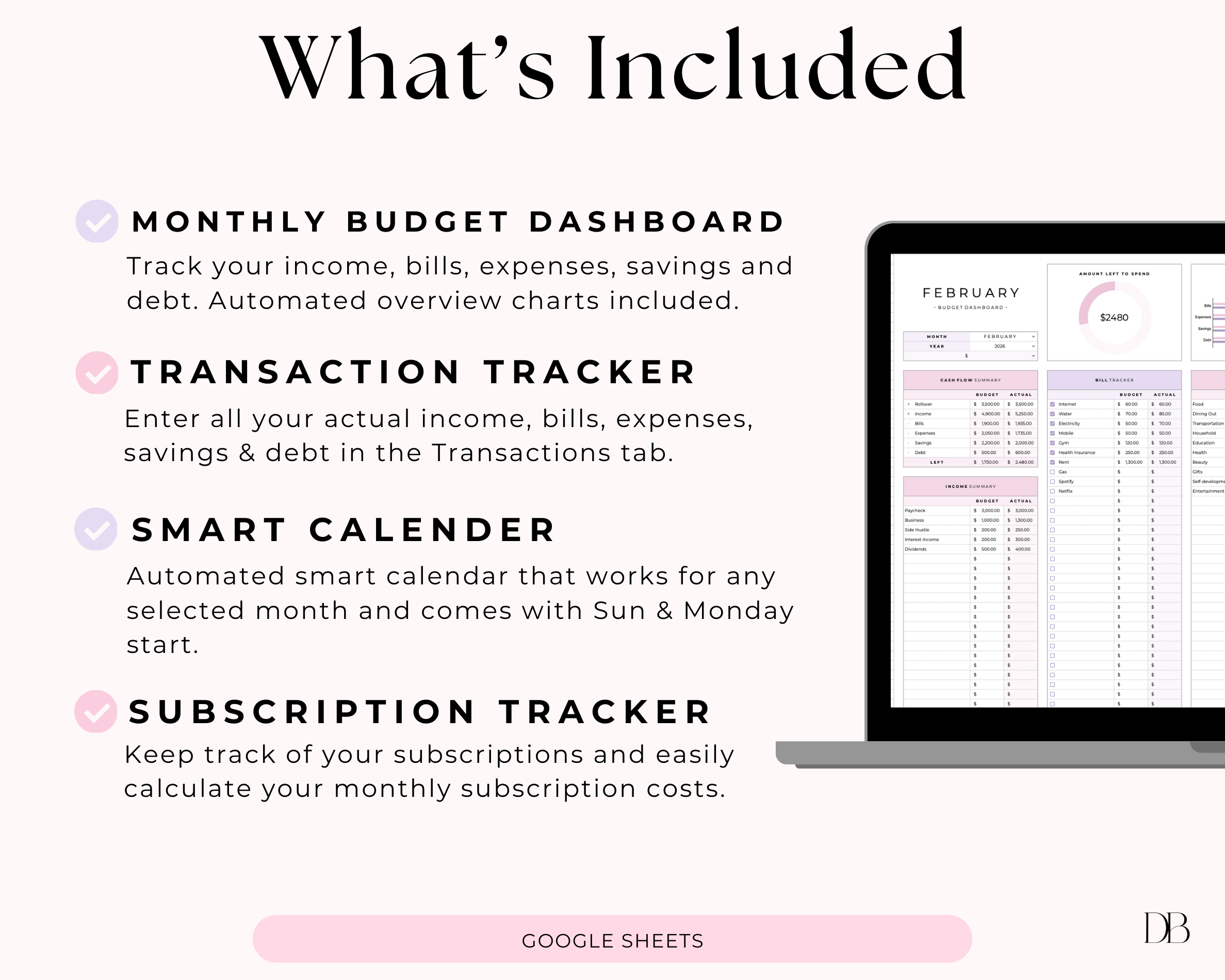 Screen displaying features of a budgeting Spreadsheet on Google Sheets with a focus on monthly budget dashboard, transaction tracker, smart calendar, and subscription tracker.