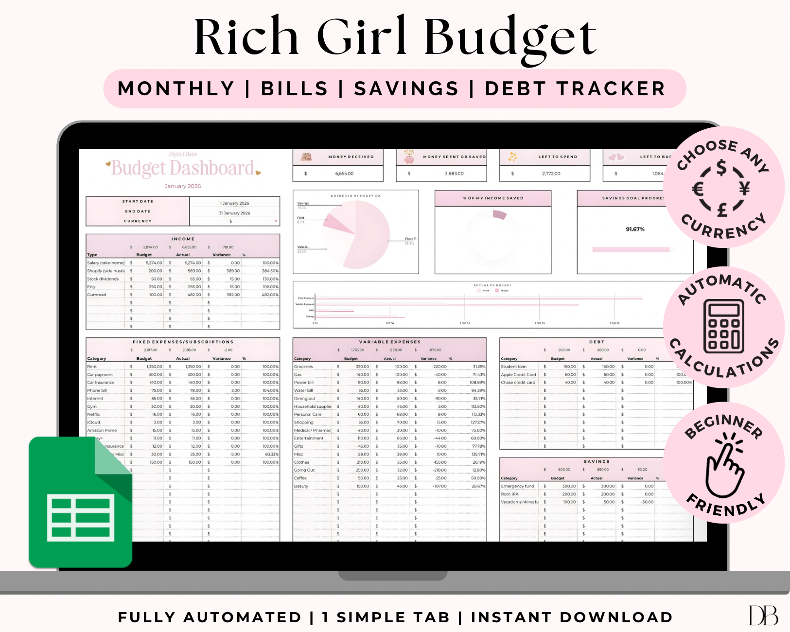 Budget tracker software with a pink interface on a computer screen, labeled 'Rich Girl Budget'.