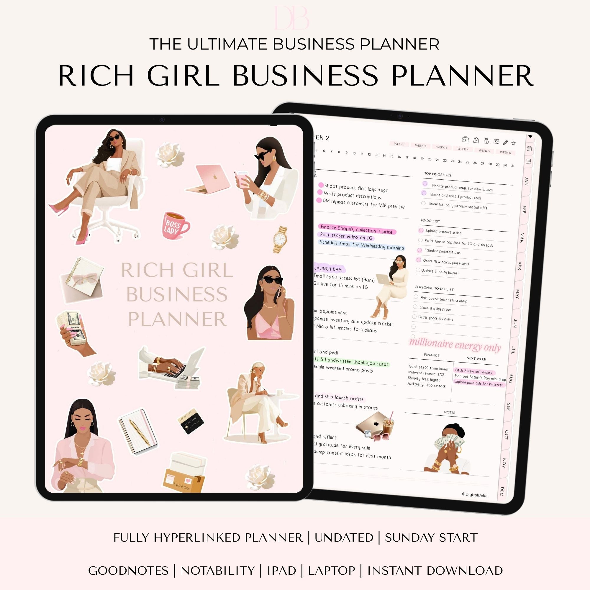 Rich Girl Business Planner – Digital Planner for Women Entrepreneurs, Boss Babe Planner, GoodNotes & iPad Compatible