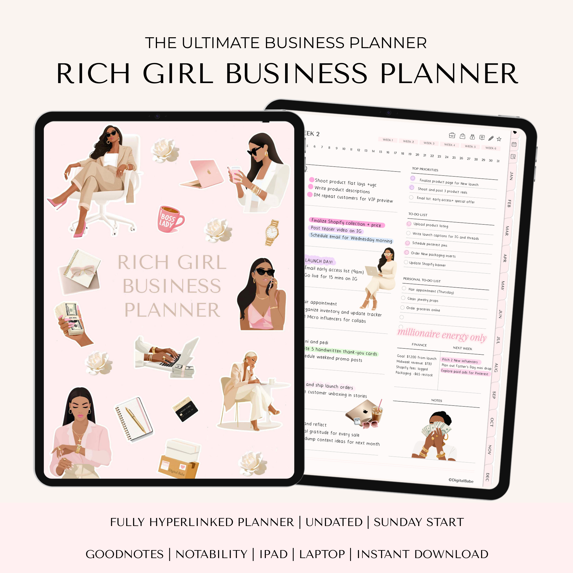 Rich Girl Business Planner – Digital Planner for Women Entrepreneurs, Boss Babe Planner, GoodNotes & iPad Compatible