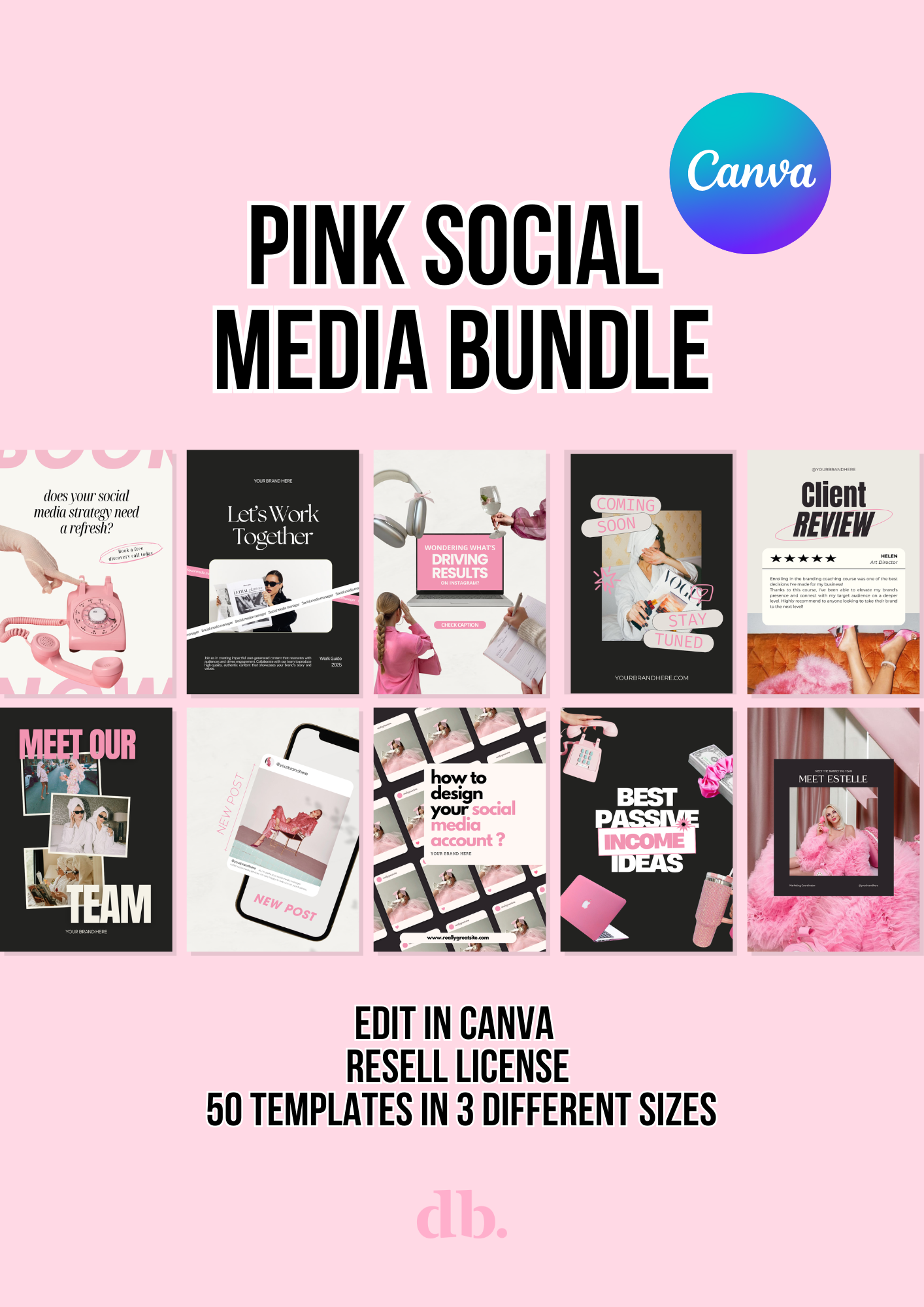 50 Pink Social Media Canva Template Bundle | Editable Templates in 3 Sizes (Resell License Included)