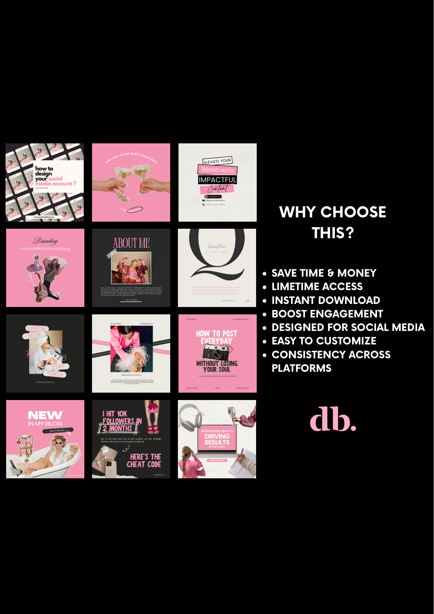 50 Pink Social Media Canva Template Bundle | Editable Templates in 3 Sizes (Resell License Included)