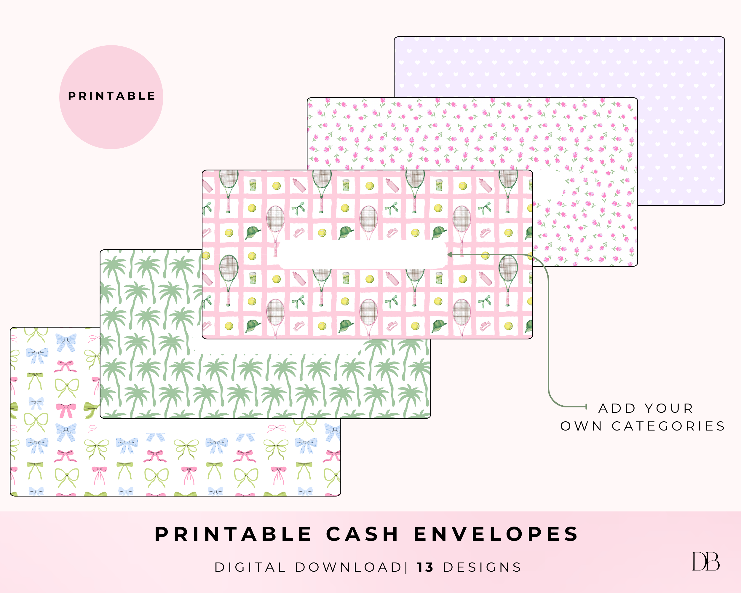 Set of printable cash envelopes with various patterns on a pink background