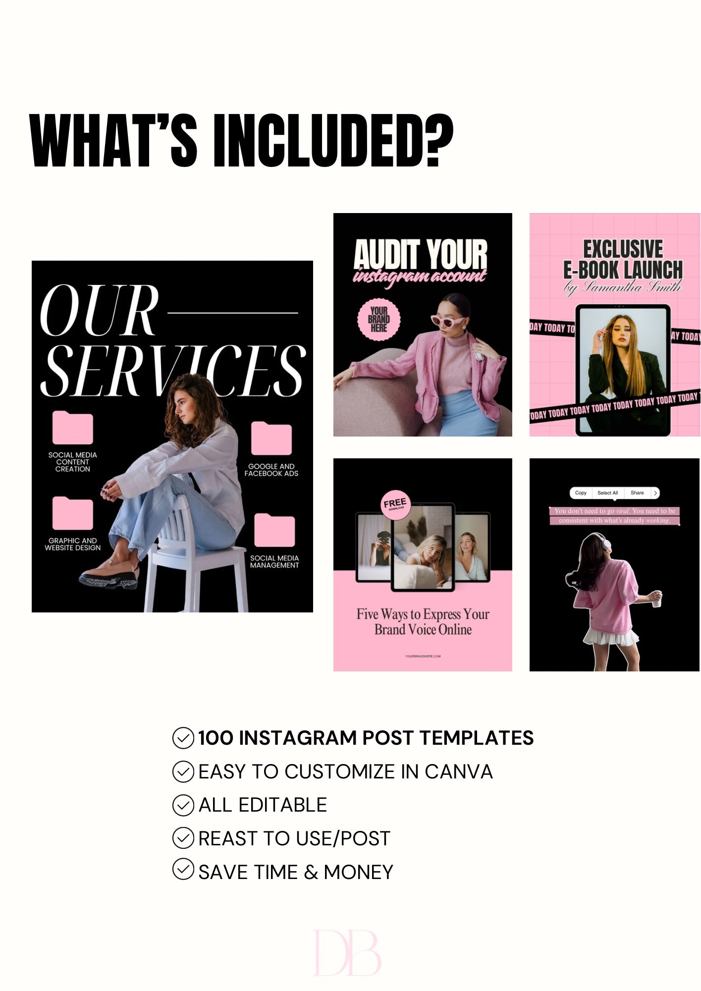 100 Pink & Black Instagram Templates|Social Media Canva Template Bundle | Editable Templates (Resell License Included)