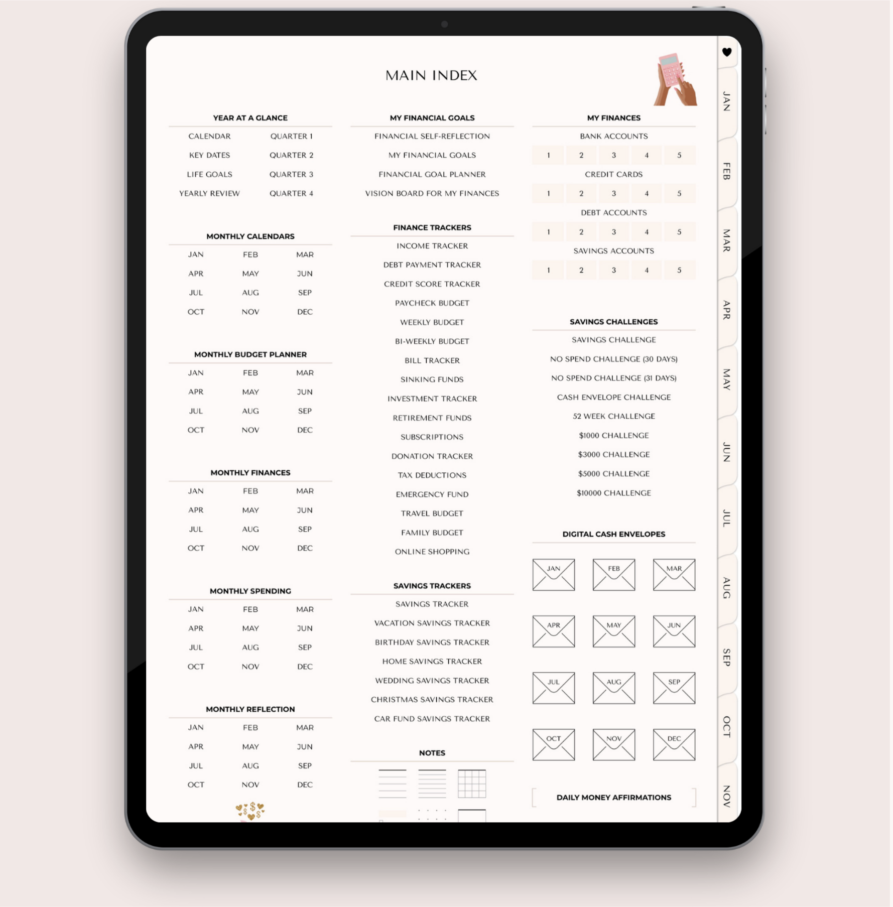 Digital planner app interface on a tablet screen with a white background