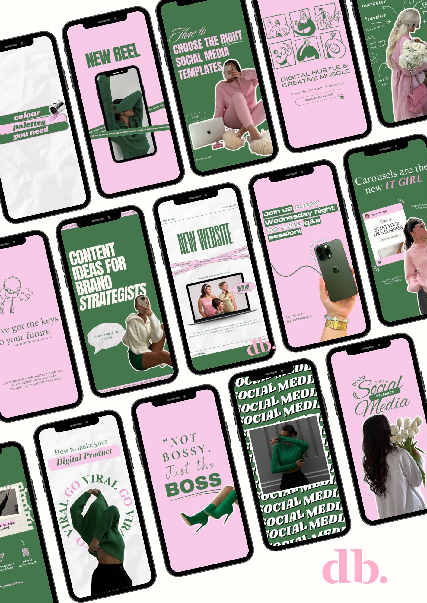 50 Pink & Green Instagram Templates|Social Media Canva Template Bundle | Editable Templates 2 sizes (Resell License Included)