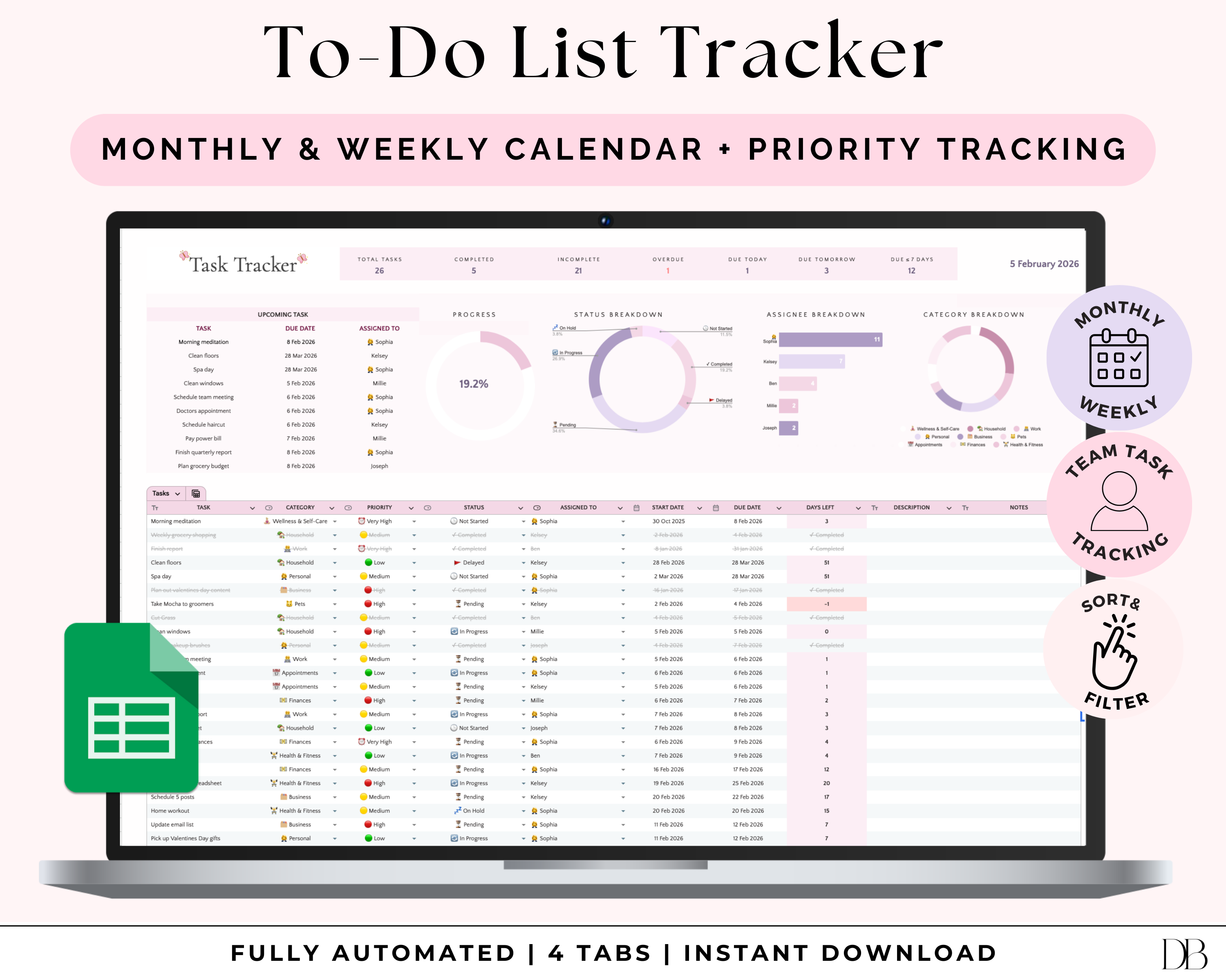 To-Do List Tracker with monthly and weekly calendar, priority tracking on a laptop screen.