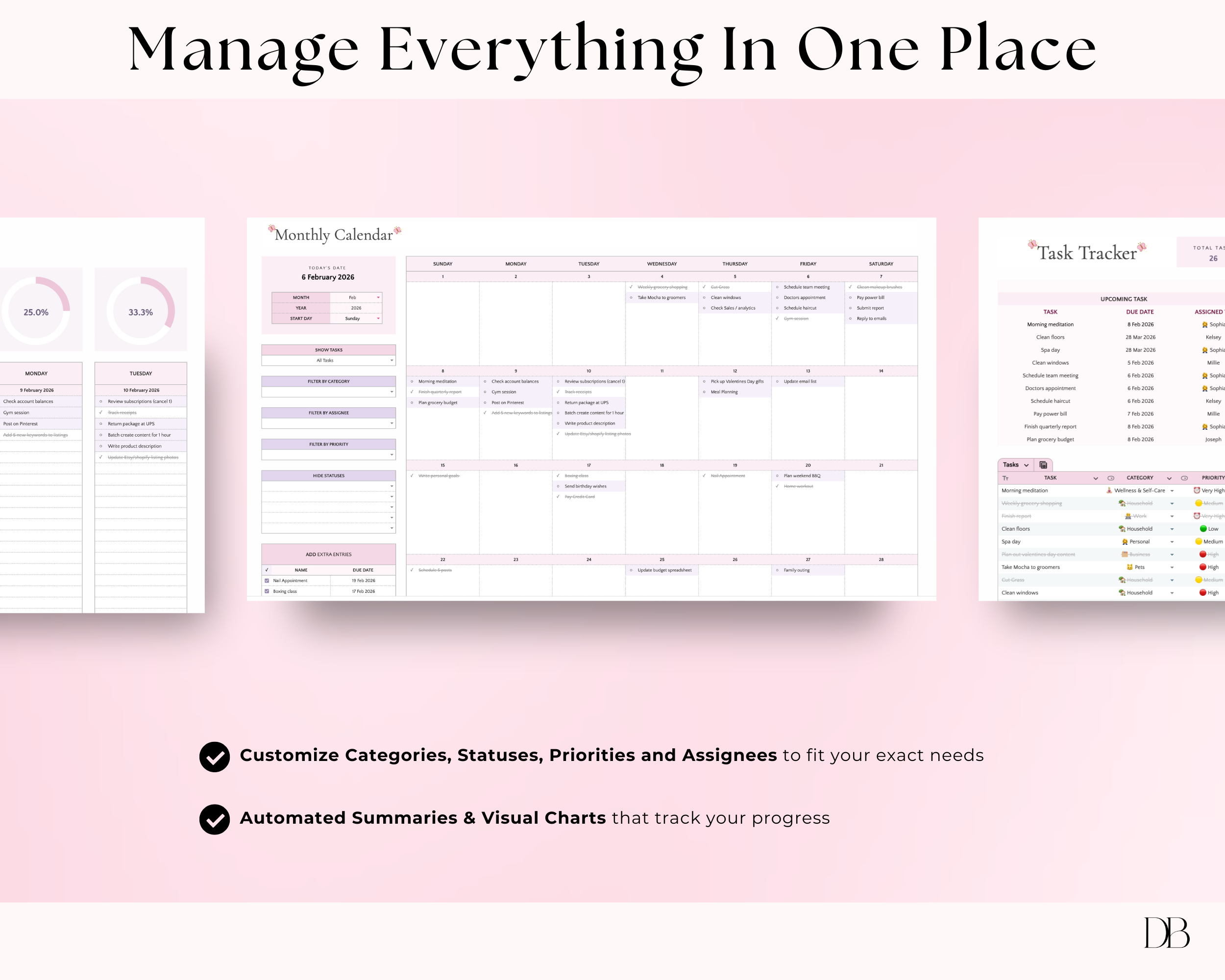 Productivity tools with customizable categories and visual charts on a pink background