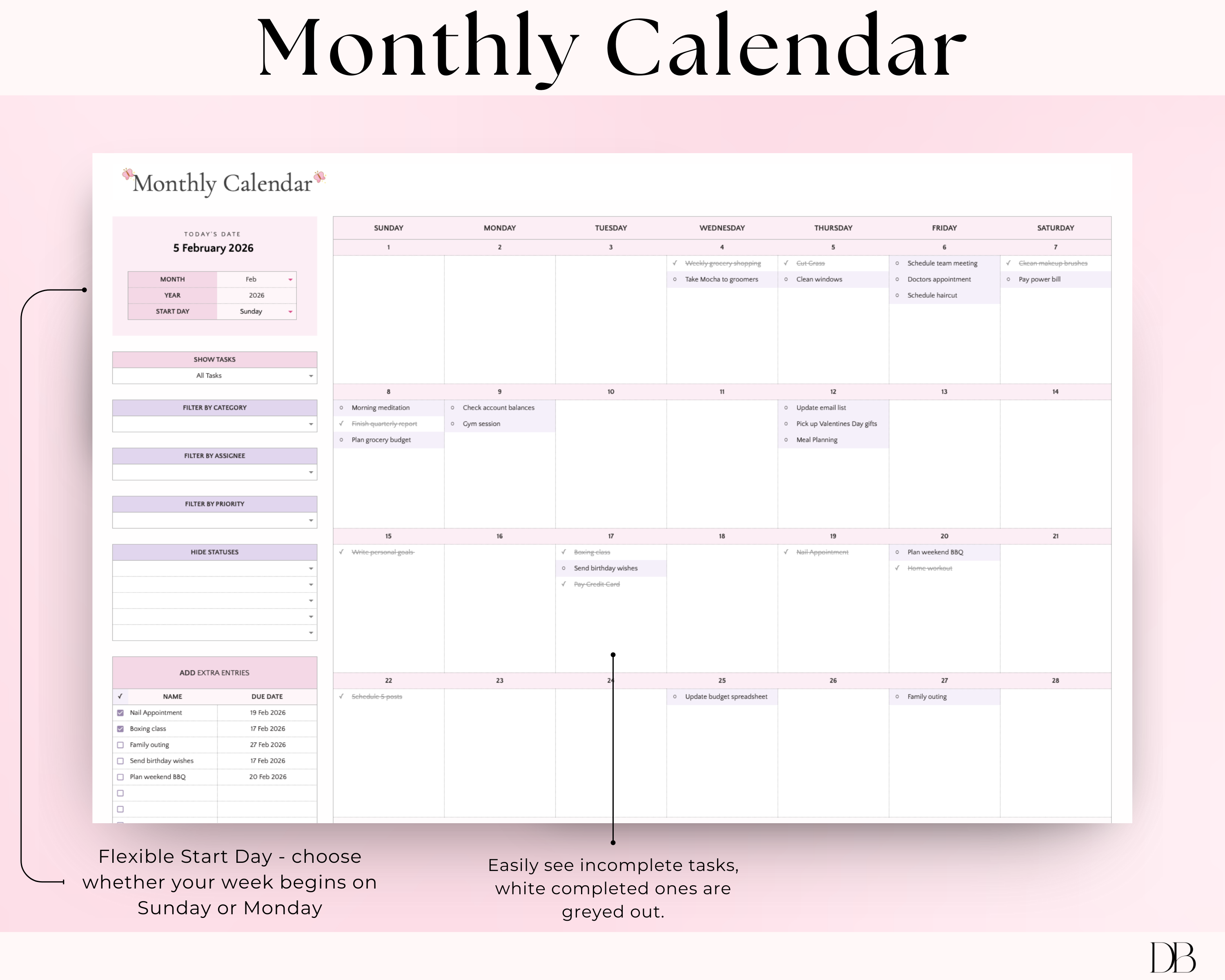 Monthly calendar with flexible start day option on a pink background