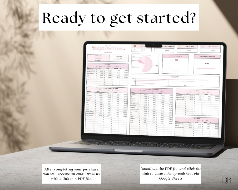 “Ready to get started?” slide showing a laptop with a Google Sheets budget spreadsheet dashboard and instructions for downloading a PDF after purchase to access the spreadsheet in Google Sheets.