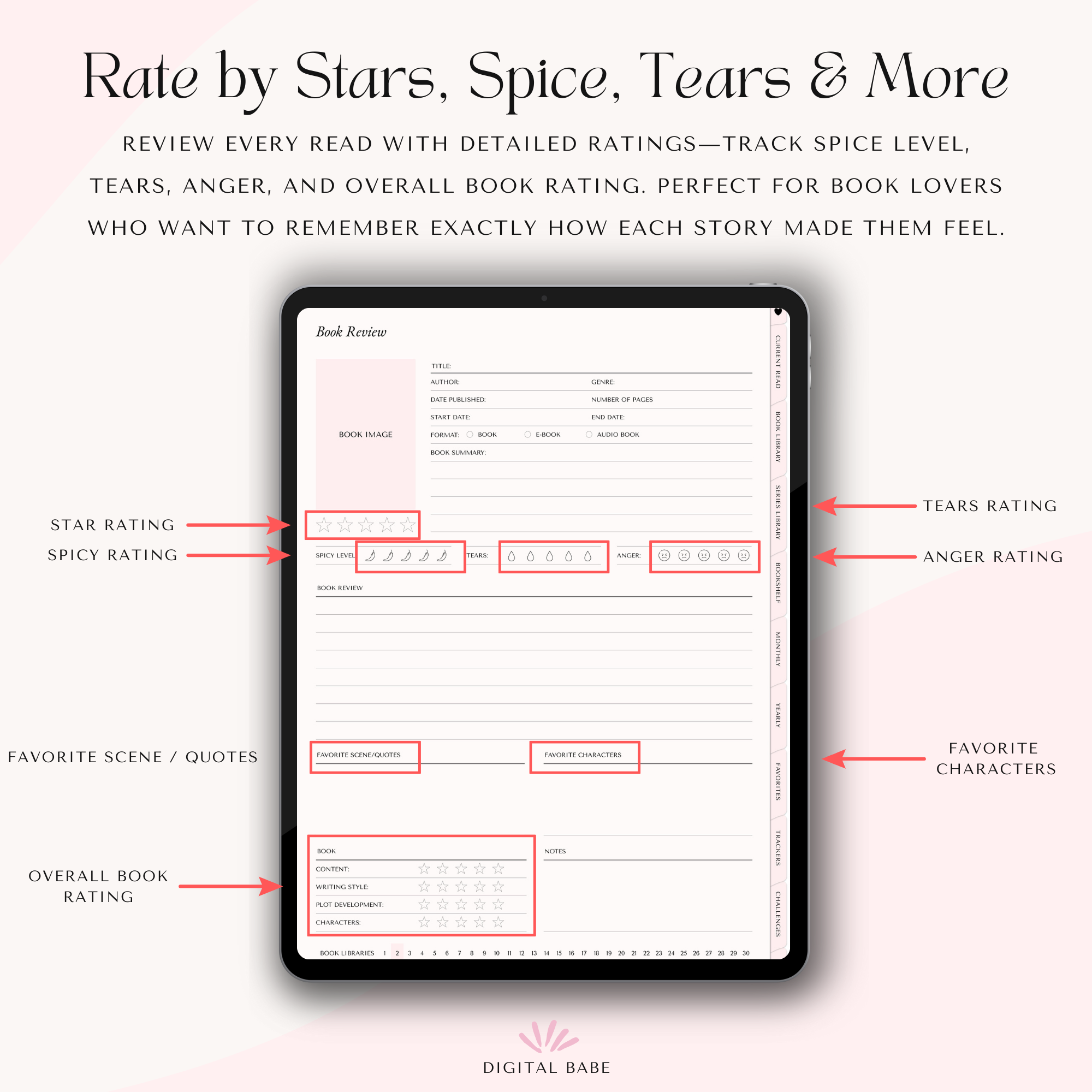 Digital book review form on a tablet screen with rating and feedback options.