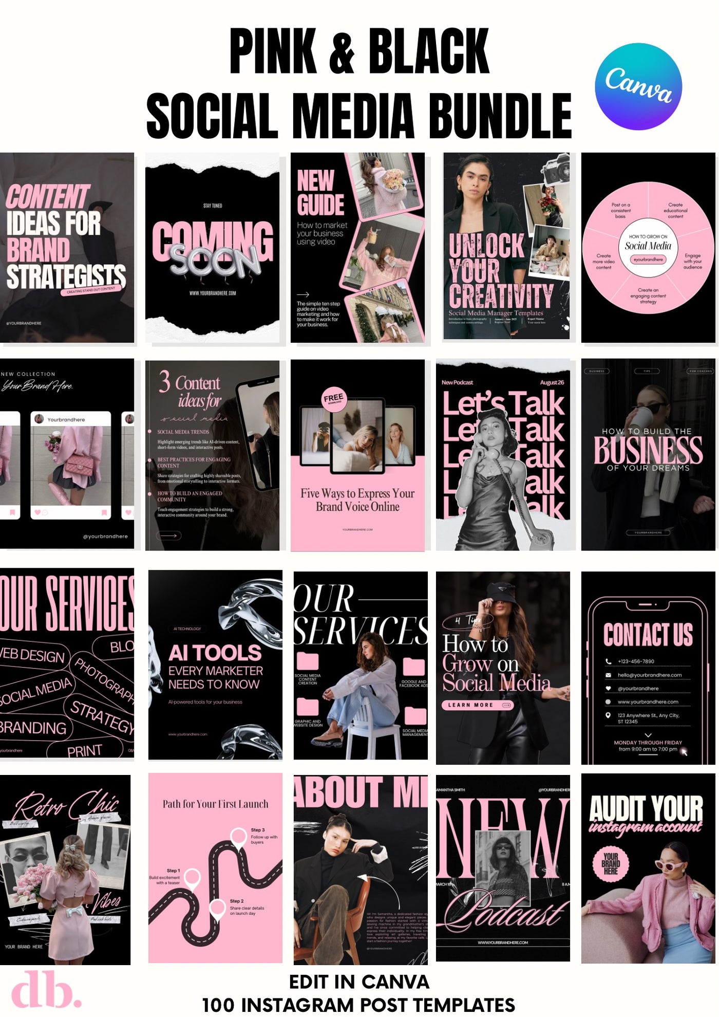 100 Pink & Black Instagram Templates|Social Media Canva Template Bundl