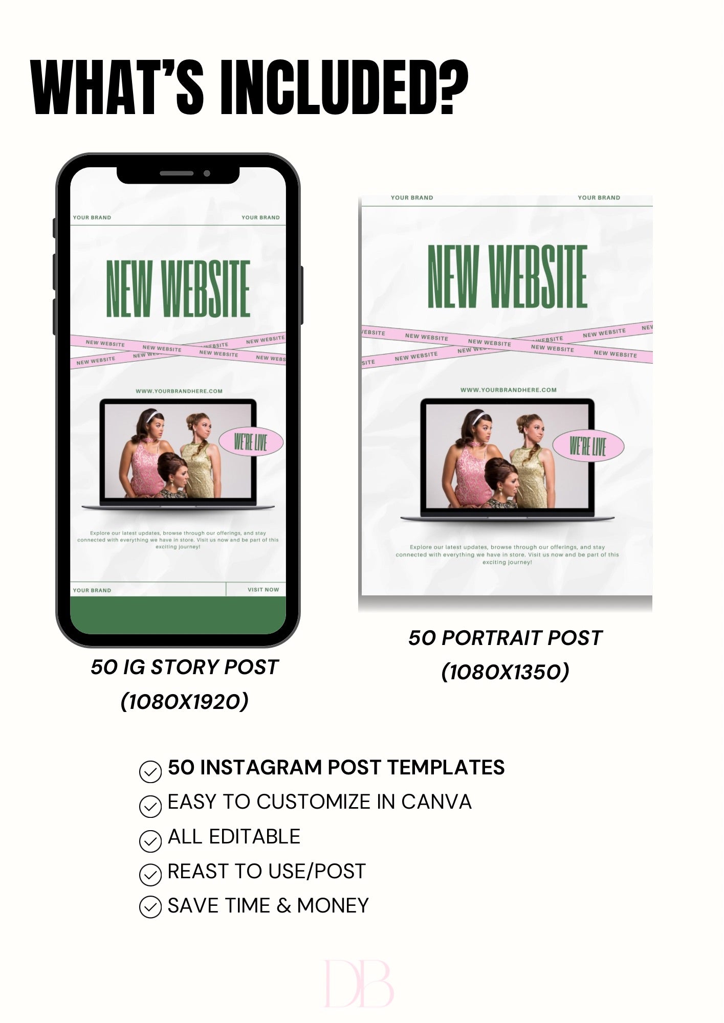 50 Pink & Green Instagram Templates|Social Media Canva Template Bundle | Editable Templates 2 sizes (Resell License Included)