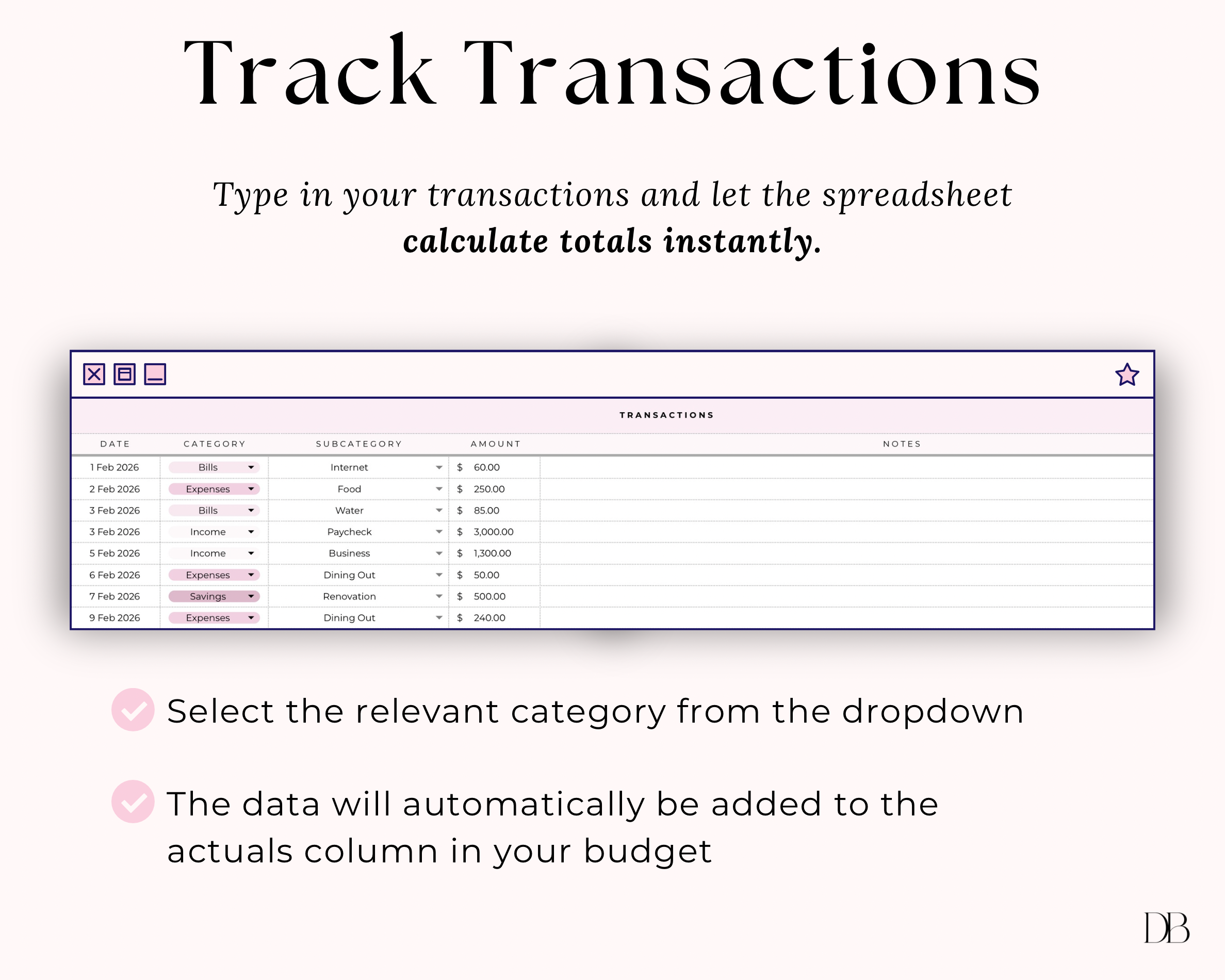 Budget Spreadsheet for tracking transactions with a focus on categorization and budget integration.