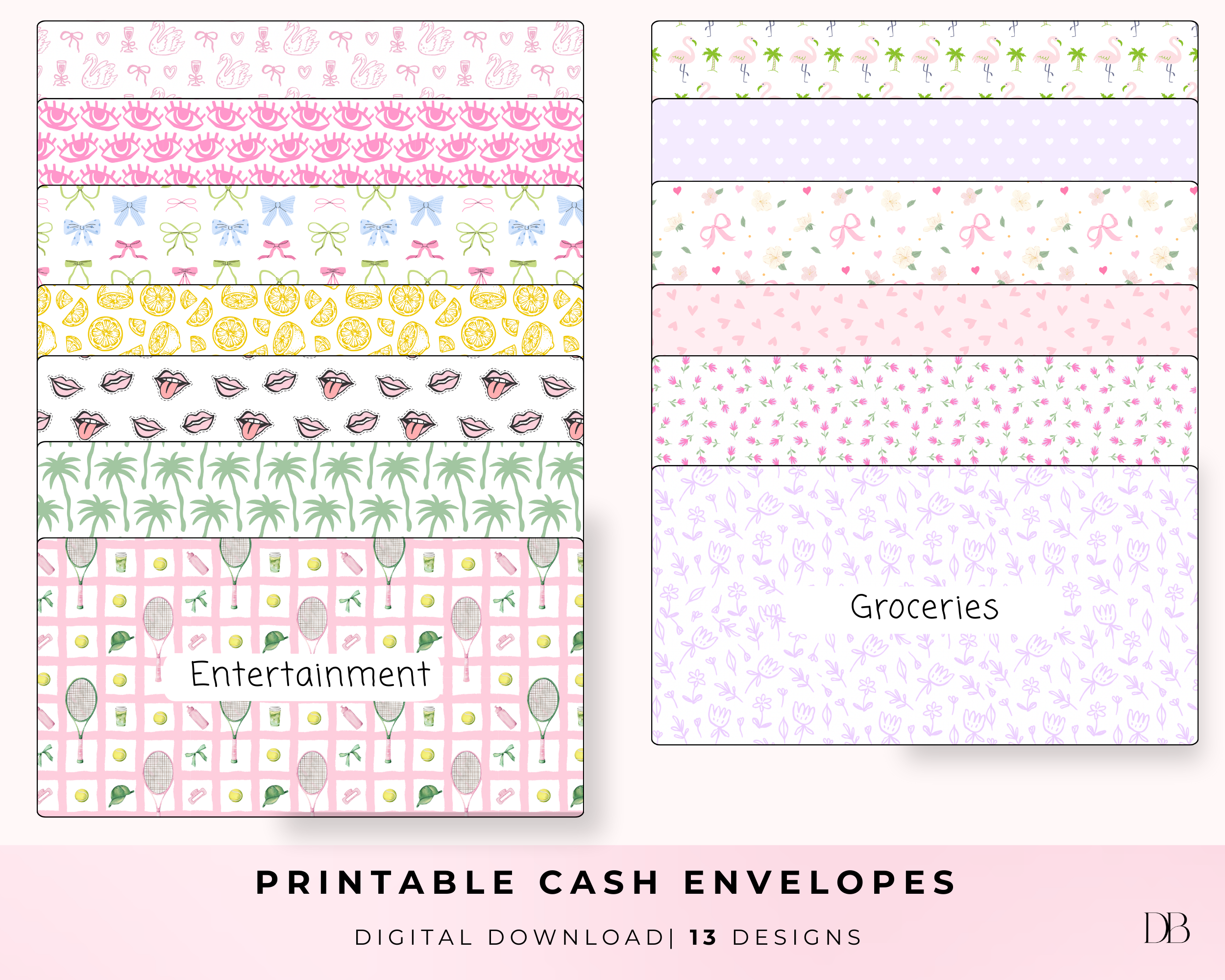 Set of printable cash envelopes with various patterns and labels on a pink background.