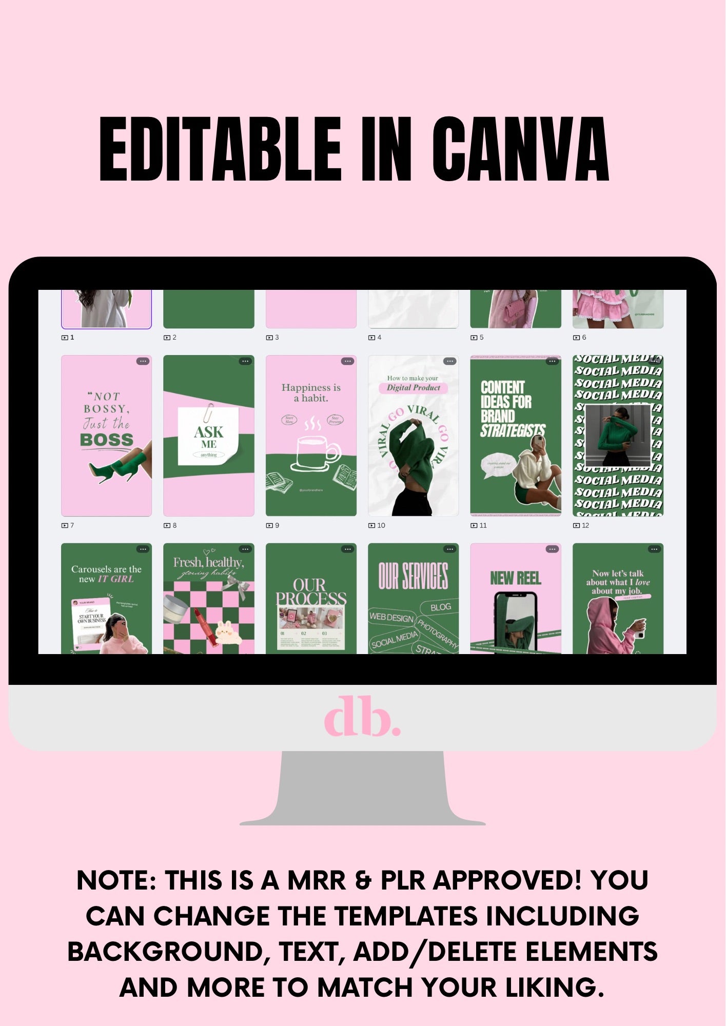 50 Pink & Green Instagram Templates|Social Media Canva Template Bundle | Editable Templates 2 sizes (Resell License Included)