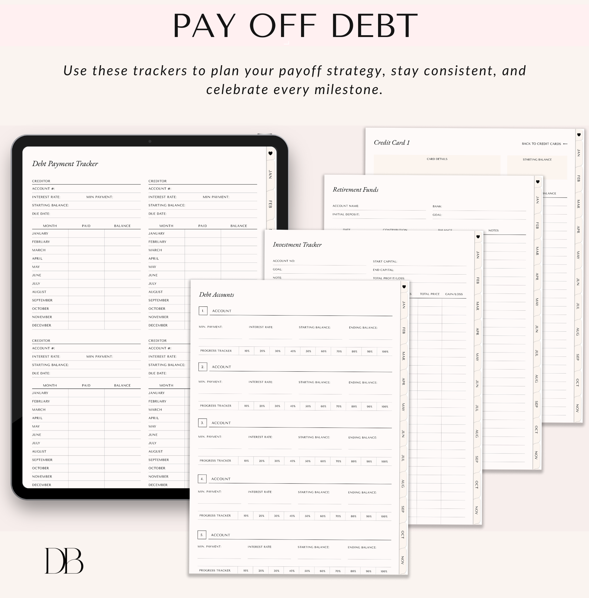 Debt payment trackers on a tablet screen with text about using them to plan a payoff strategy.
