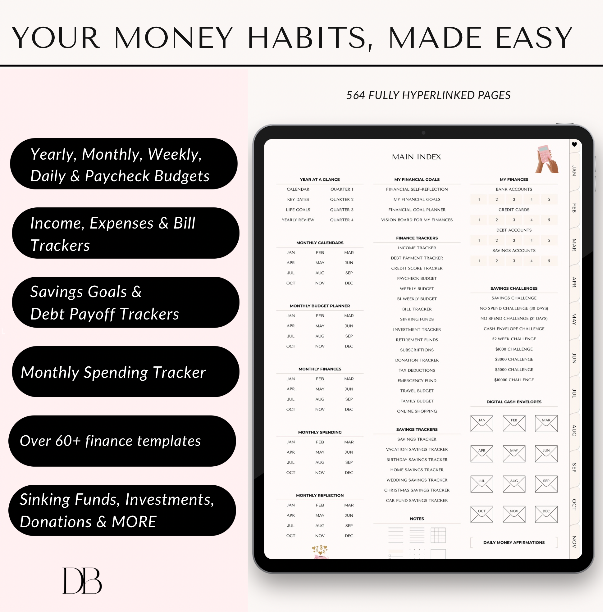 Digital finance planner with features listed on a tablet screen