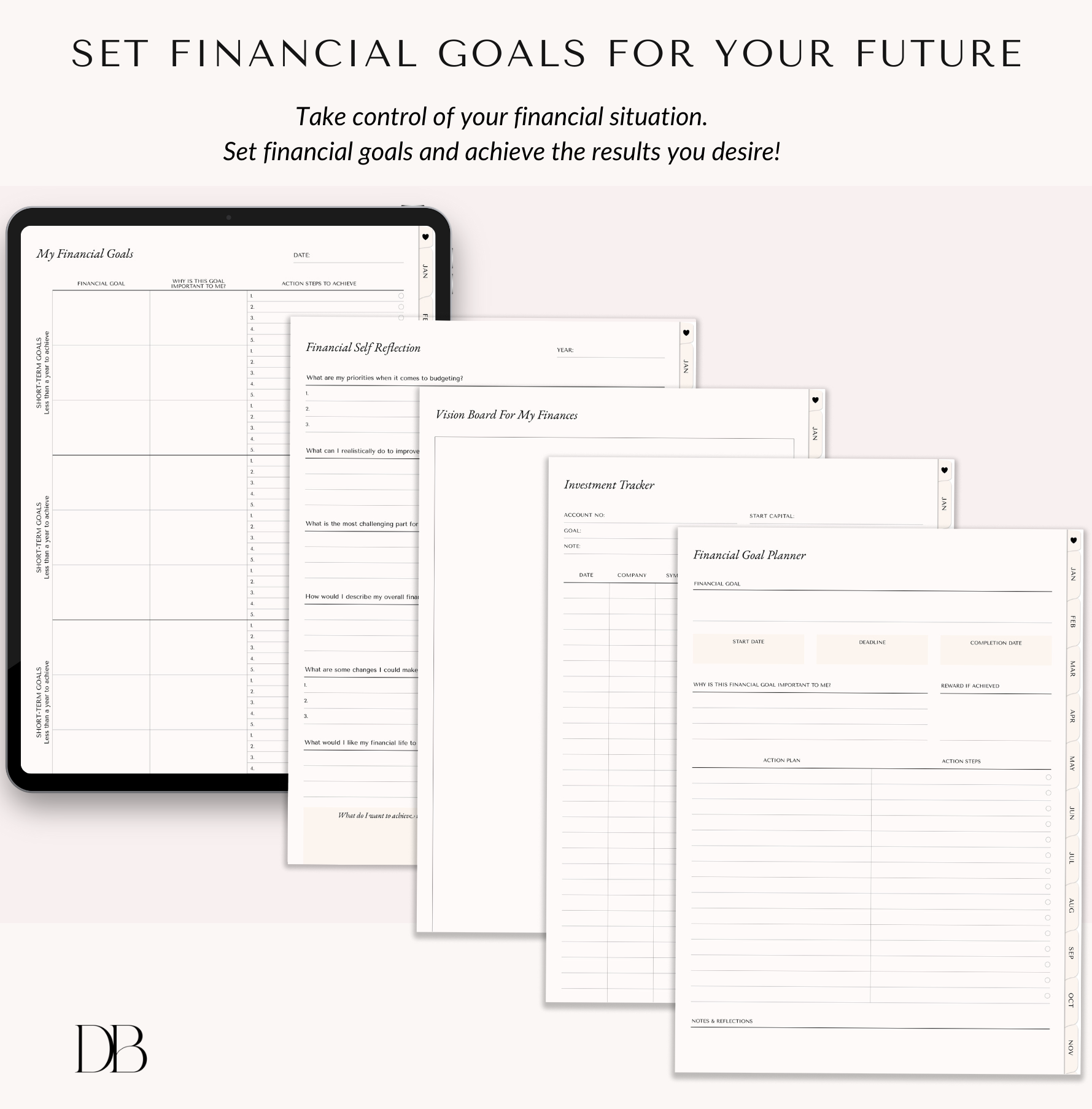 Financial planning sheets displayed on a tablet with text about setting financial goals.