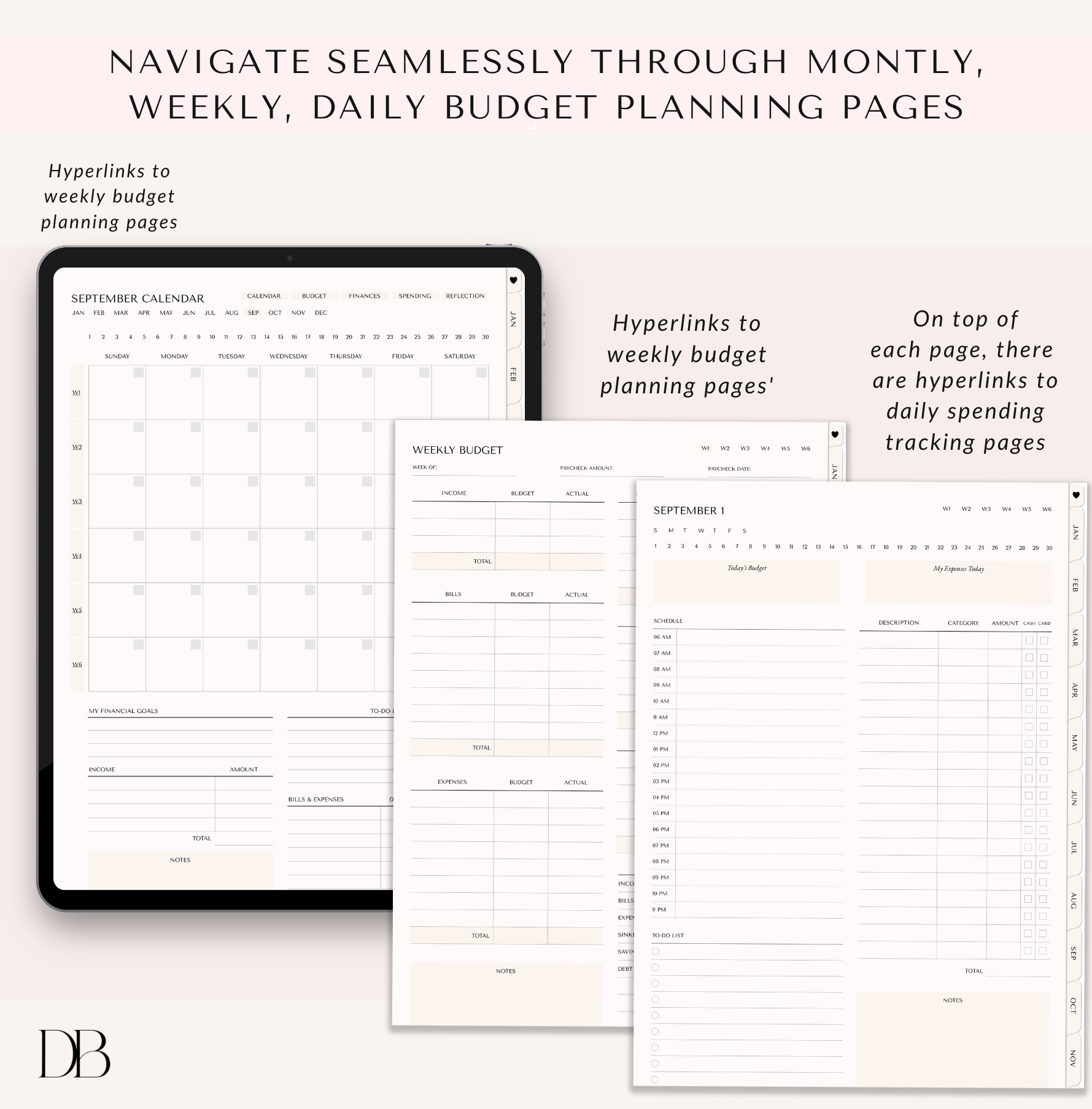 Digital budget planner with monthly, weekly, and daily planning pages displayed on a tablet.