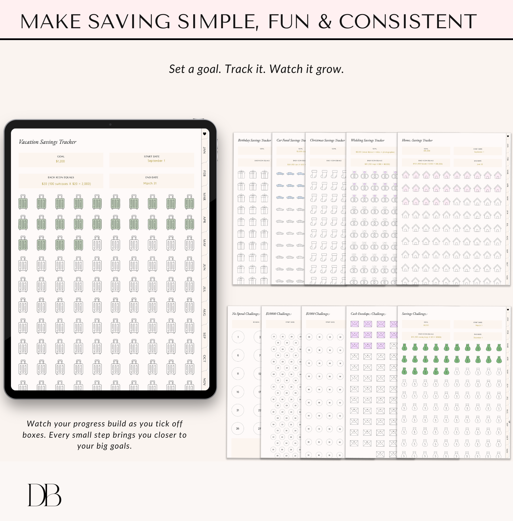 Digital savings tracker on a tablet screen with text about setting goals and tracking progress.