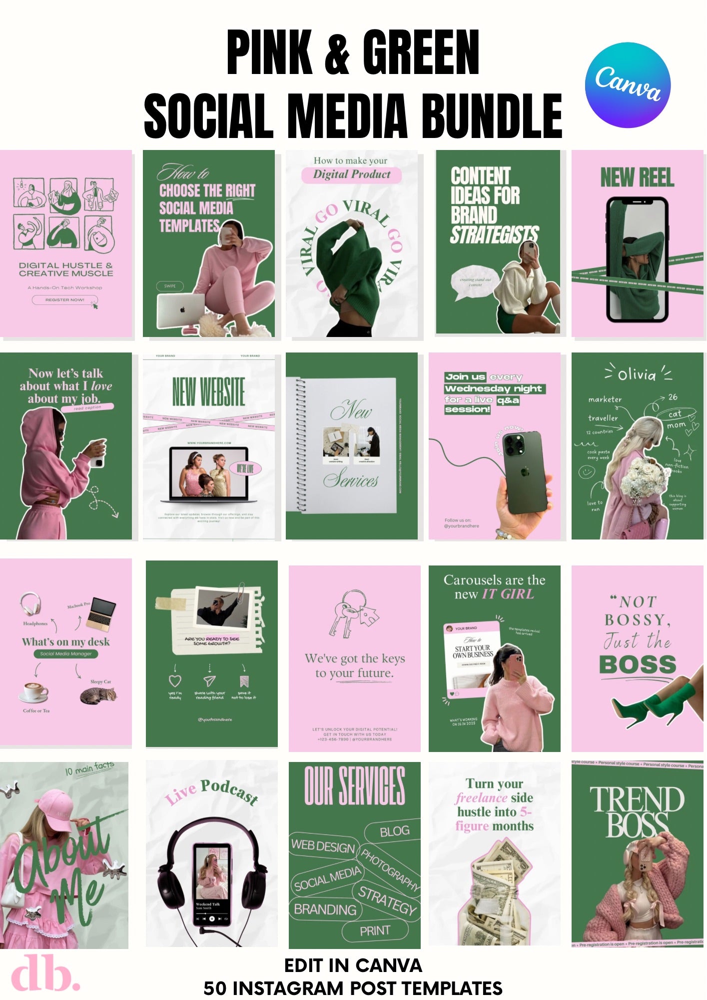 50 Pink & Green Instagram Templates|Social Media Canva Template Bundle | Editable Templates 2 sizes (Resell License Included)