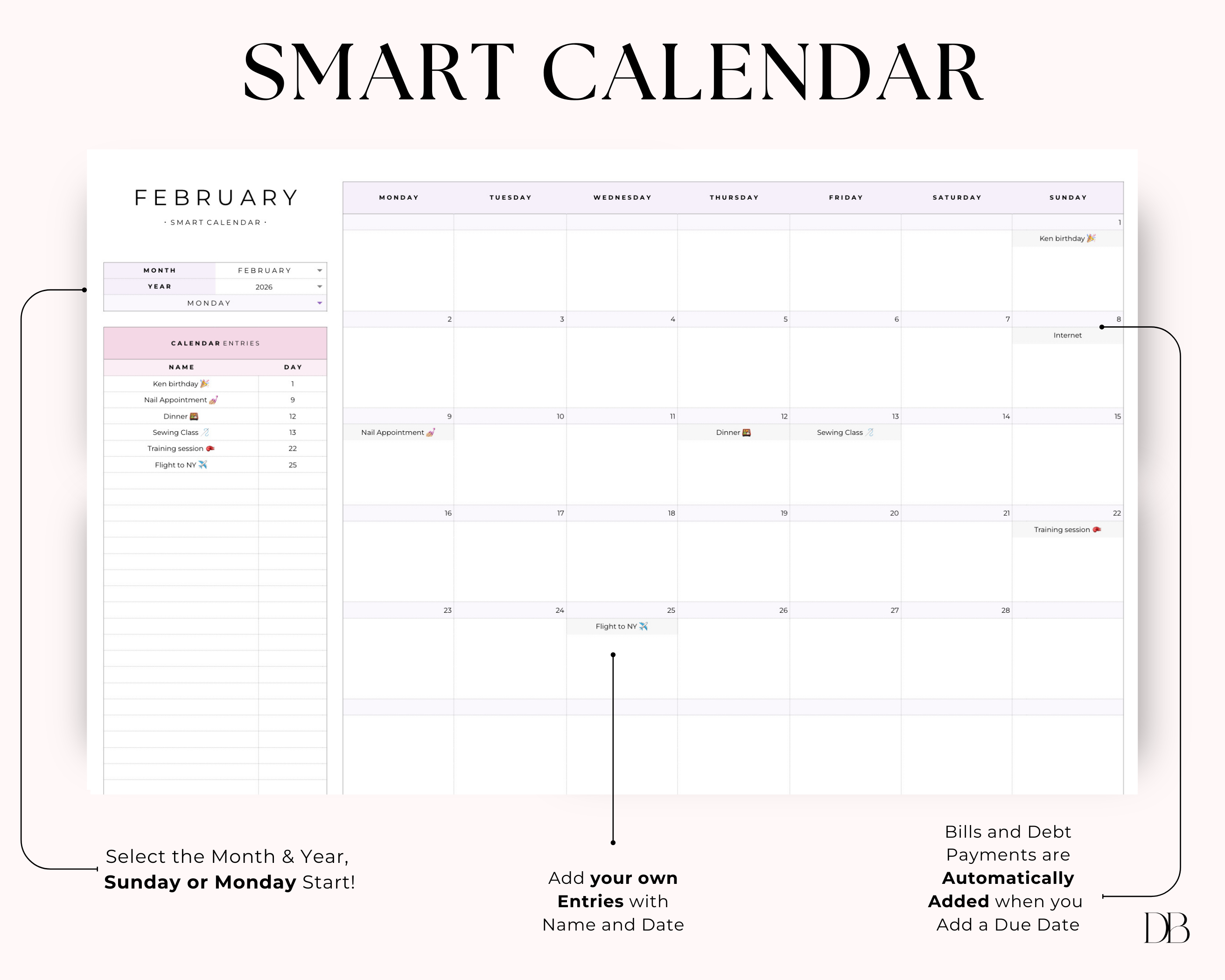 Smart calendar interface with February Google Sheets budget spreadsheet month view on a white background