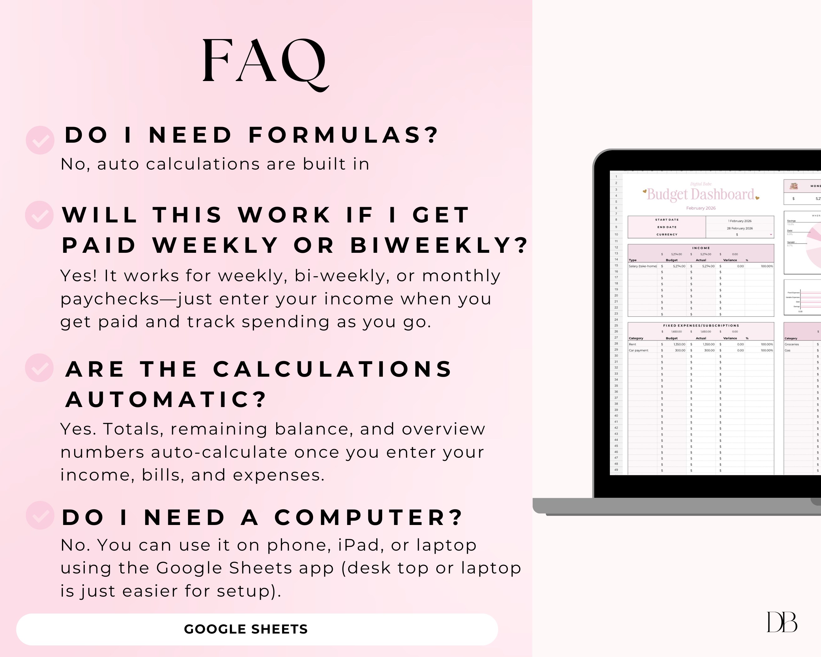 FAQ section about a budgeting with google sheet  with text and a laptop screen displaying the app.