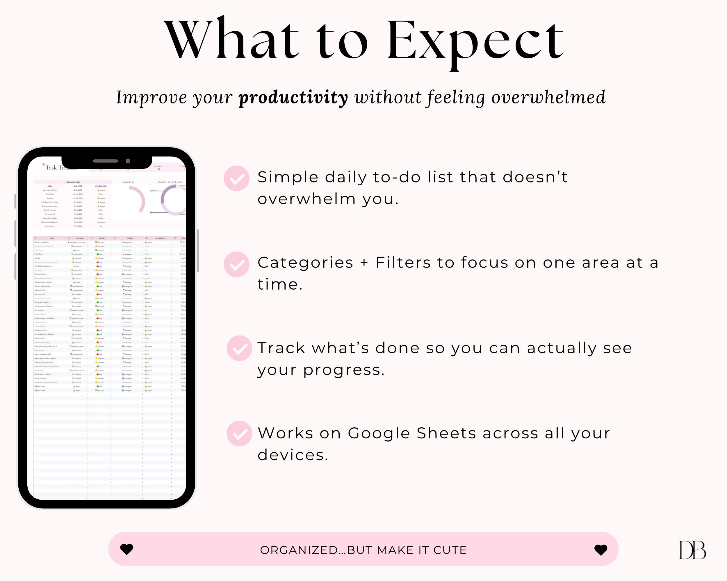 Google sheet to do list with features listed on a white background