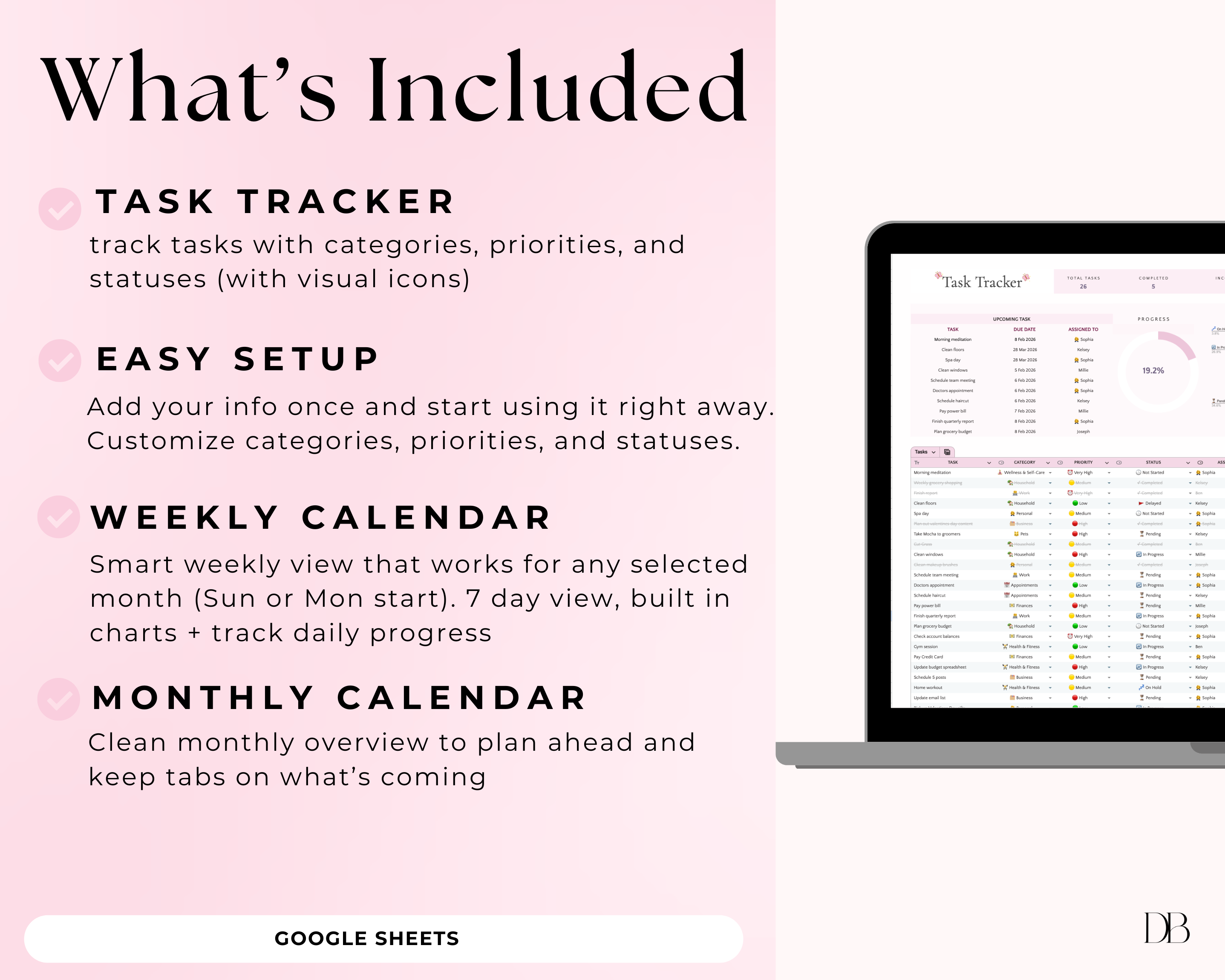 Productivity tool features with a laptop displaying a task tracker on a pink background