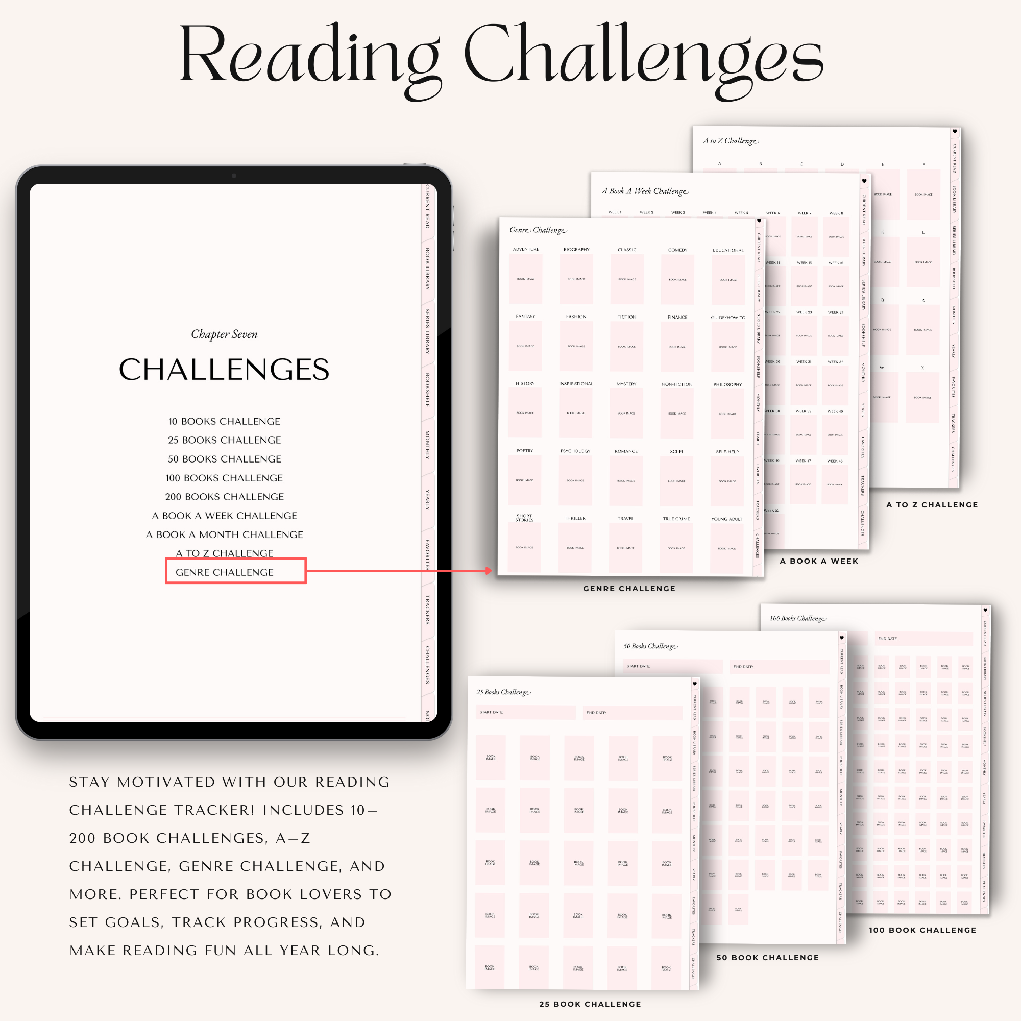 Reading challenge tracker with various challenges displayed on a white background