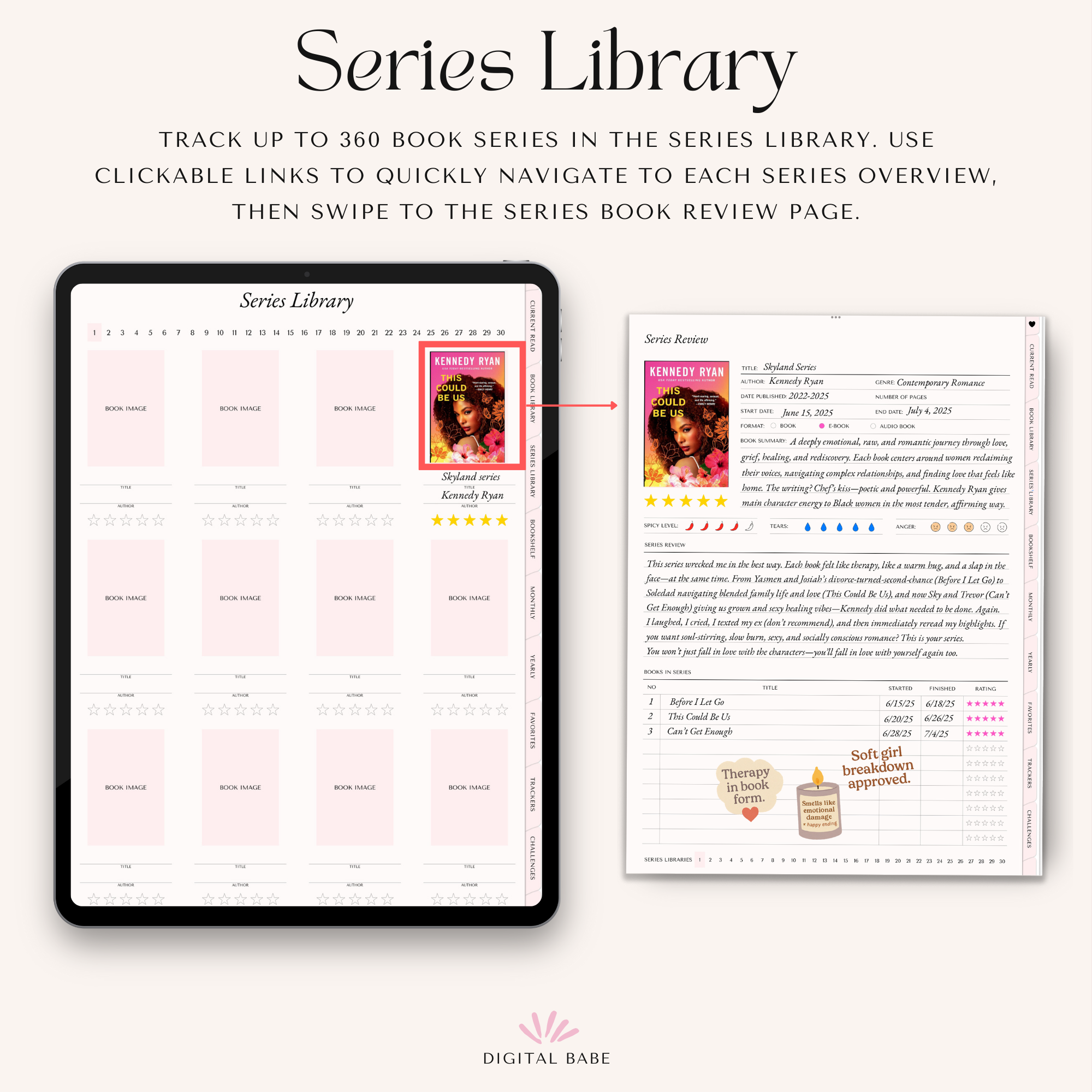Series tracker for digital reading journal—hyperlinked series library to track up to 360 book series with clickable links to series overview and series book review pages (GoodNotes/Notability).