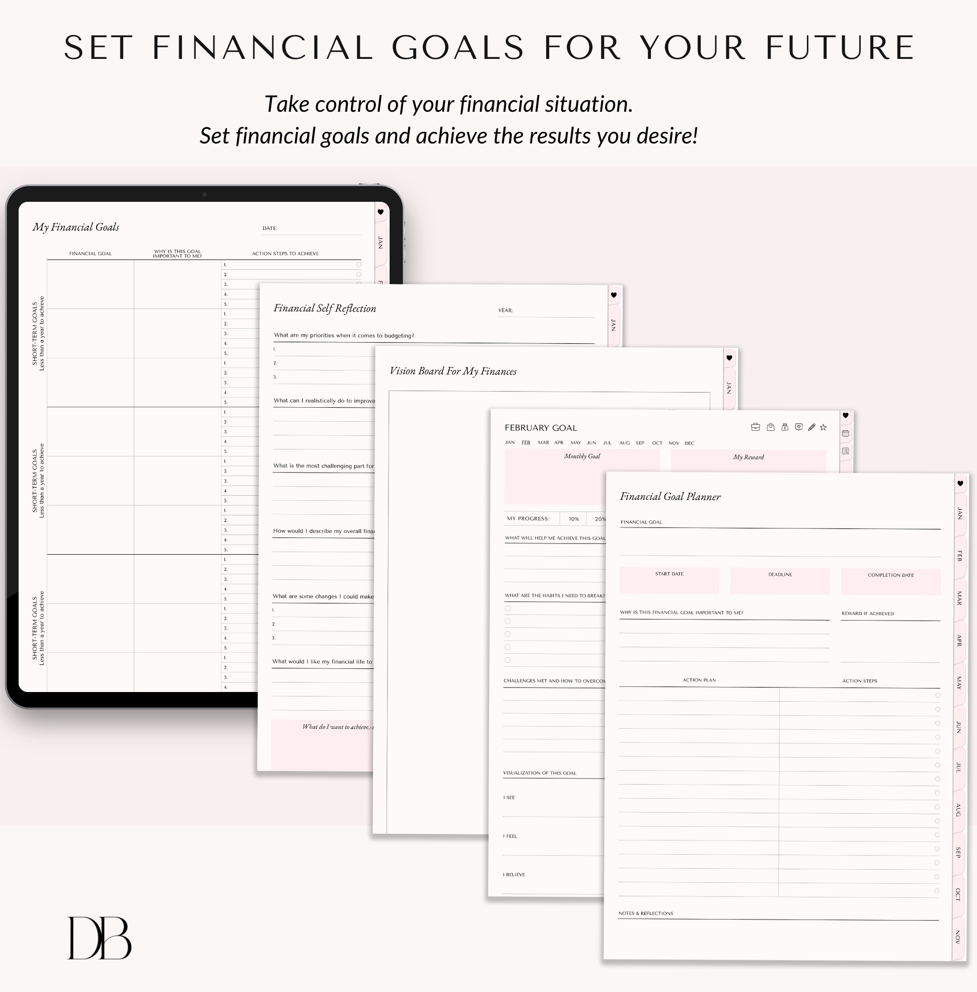 Digital budget planner “Set Financial Goals for Your Future” pages showing financial goals worksheet, financial self-reflection prompts, money vision board for finances, monthly goal tracker, and a financial goal planner with action steps.