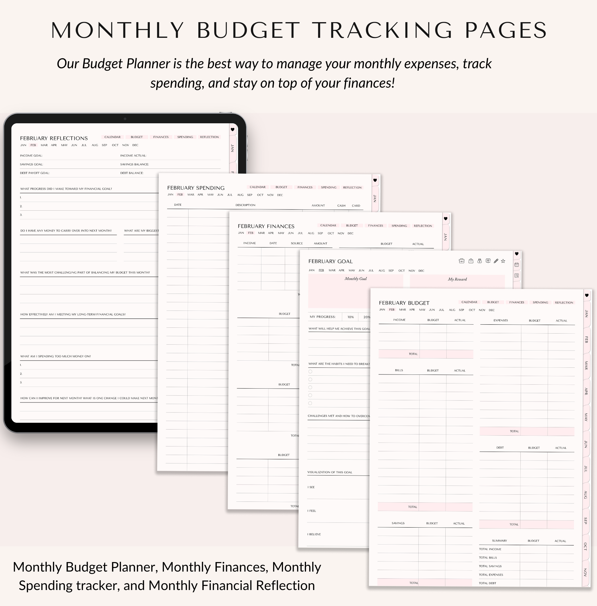 Digital budget planner “Monthly Budget Tracking Pages” showing monthly budget planner pages including monthly budget, monthly finances, monthly spending tracker, monthly goal page, and monthly financial reflection.