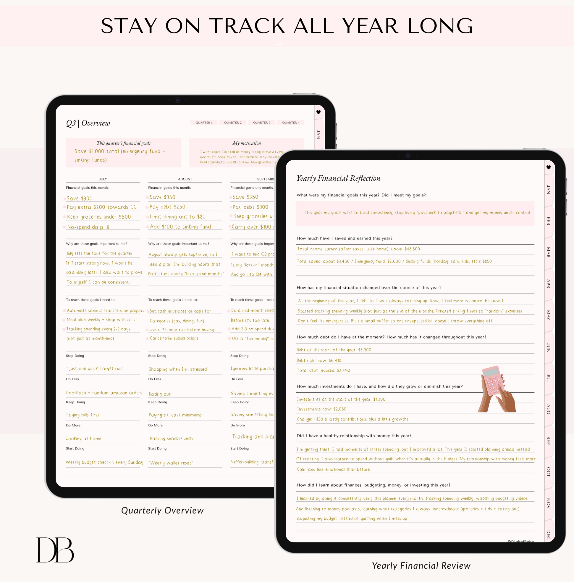 Digital budget planner “Stay on Track All Year Long” showing a quarterly overview page and a yearly financial review/reflection page to track goals, progress, spending habits, and yearly money wins.