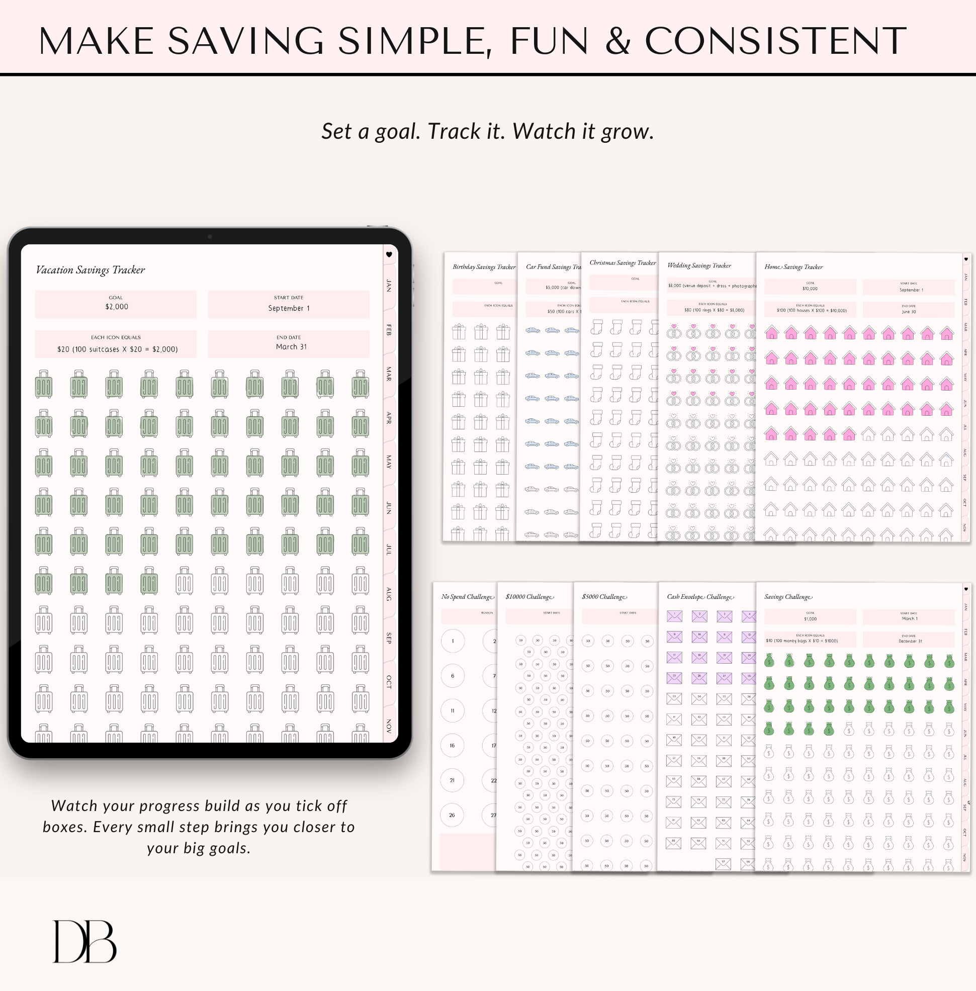Digital budget planner savings section showing “Make saving simple, fun & consistent” with a vacation savings tracker, sinking funds trackers, and savings challenges like no-spend, cash envelope, and 52-week savings trackers.