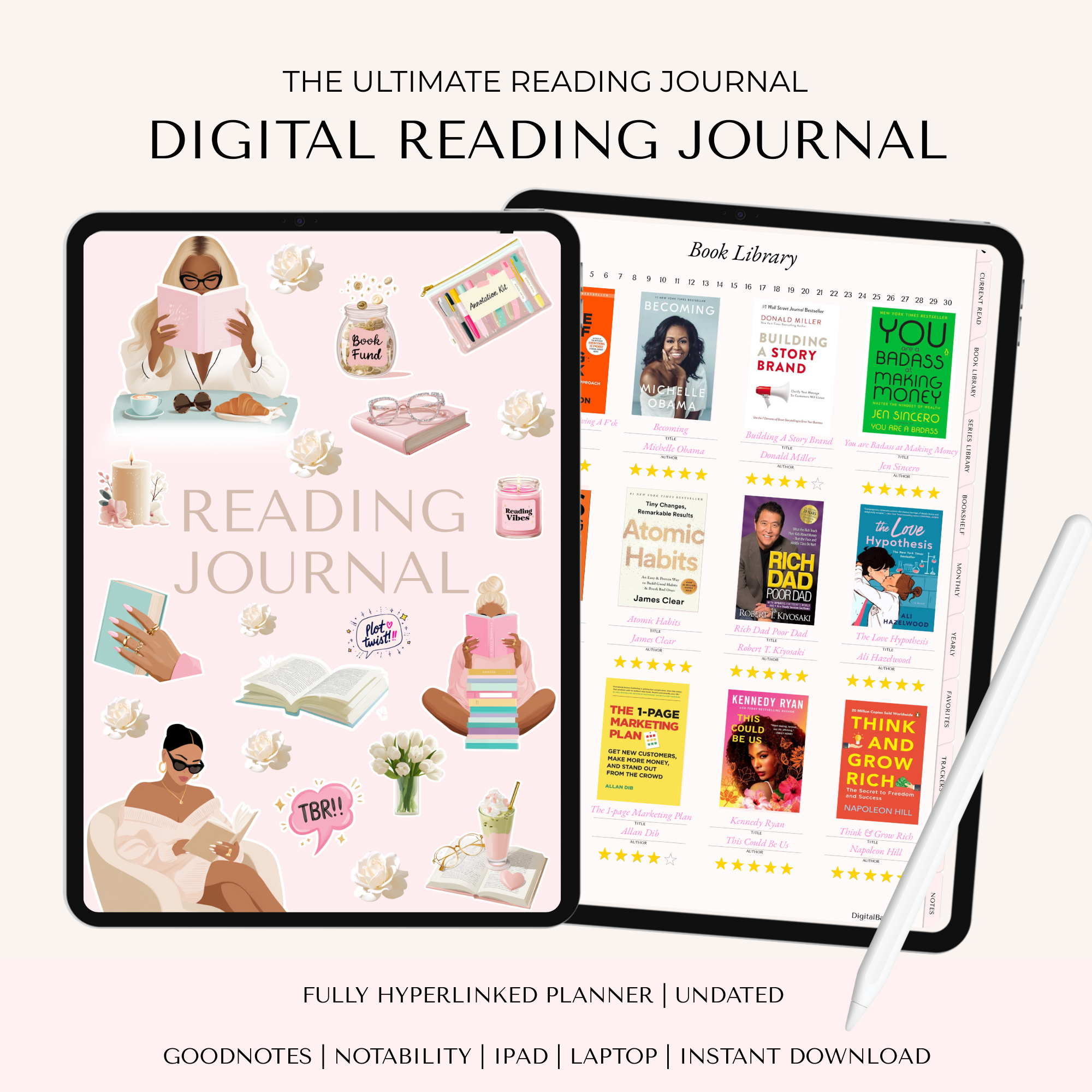 Digital reading journal for iPad with book tracker, TBR list, reading log, monthly reading tracker, and book review pages for GoodNotes and Notability.”
