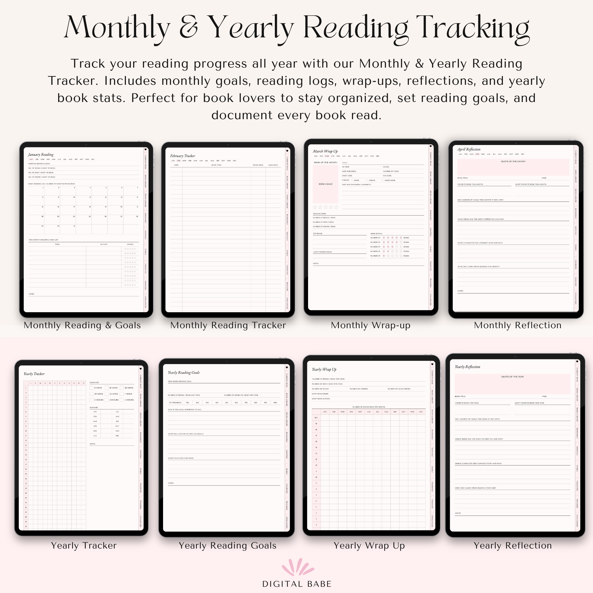 Monthly and yearly reading tracking planner with various sections on a white background
