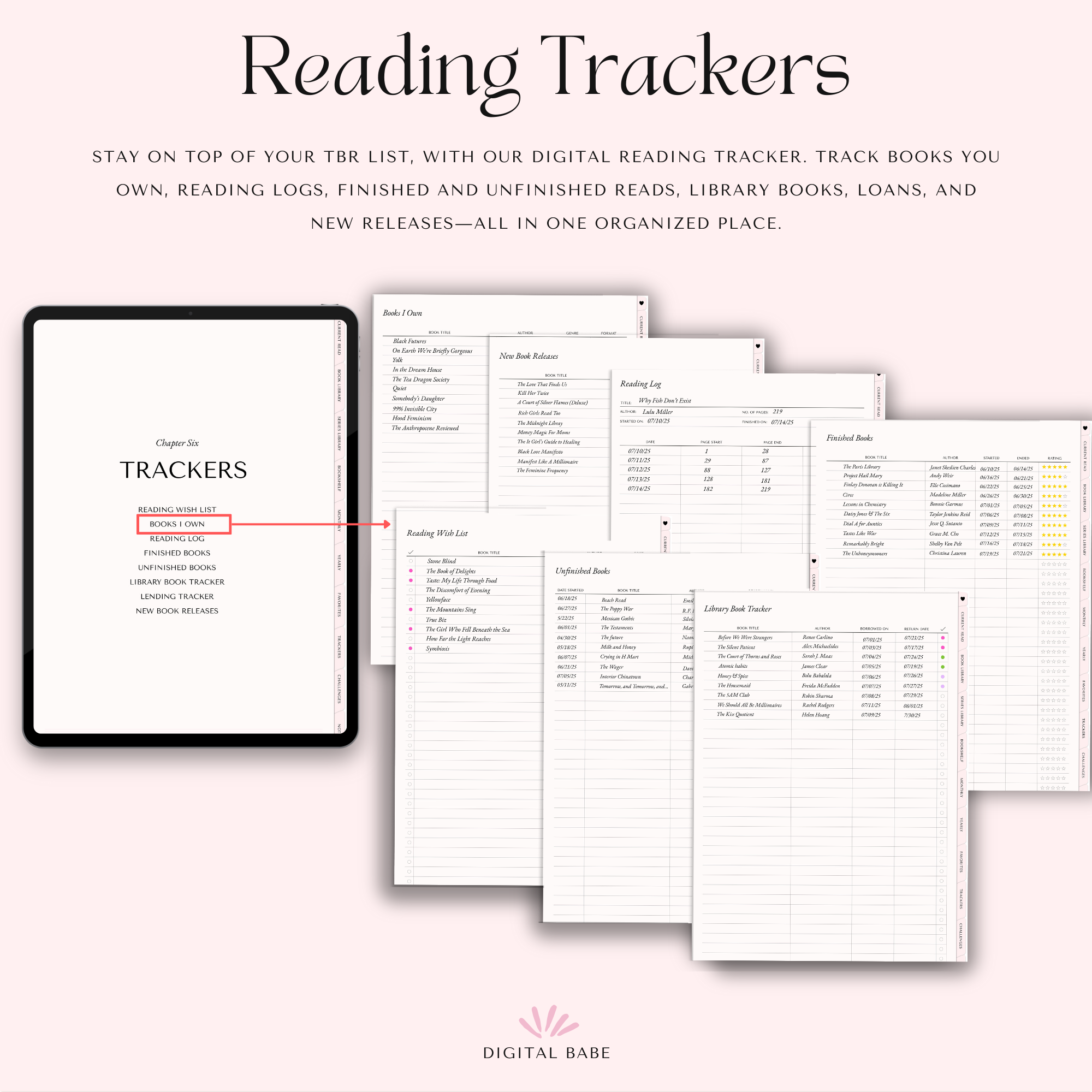 Digital reading journal reading trackers TBR list, books I own, reading log, finished and unfinished books, library book tracker, lending tracker, and new releases tracker for GoodNotes and Notability.