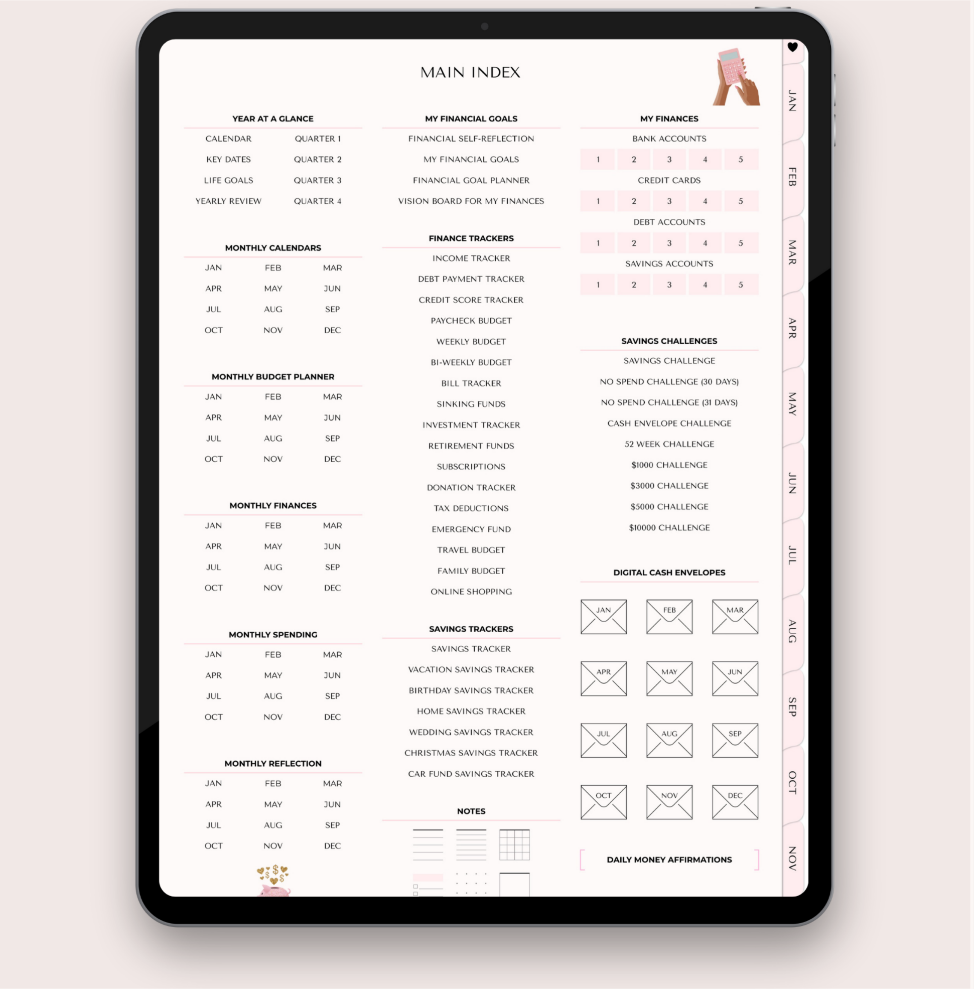 Main index page of a fully hyperlinked digital budget planner showing links to monthly calendars, monthly budget pages, income and bill trackers, sinking funds, debt payoff, savings challenges, digital cash envelopes, and daily money affirmations.