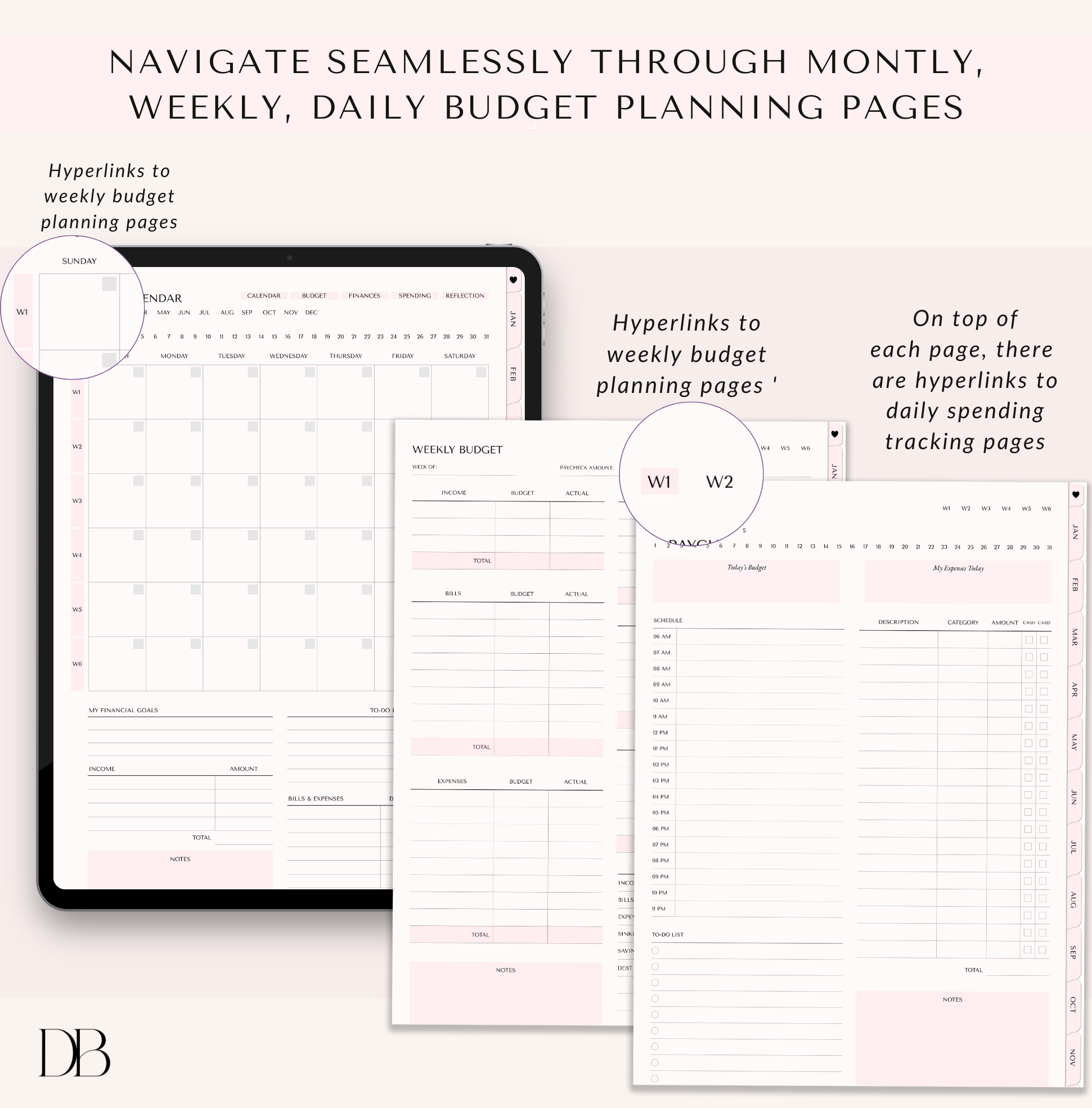 Fully hyperlinked digital budget planner showing seamless navigation between monthly calendar, weekly budget planning pages (W1/W2), and daily budget and spending tracker pages for easy budgeting.