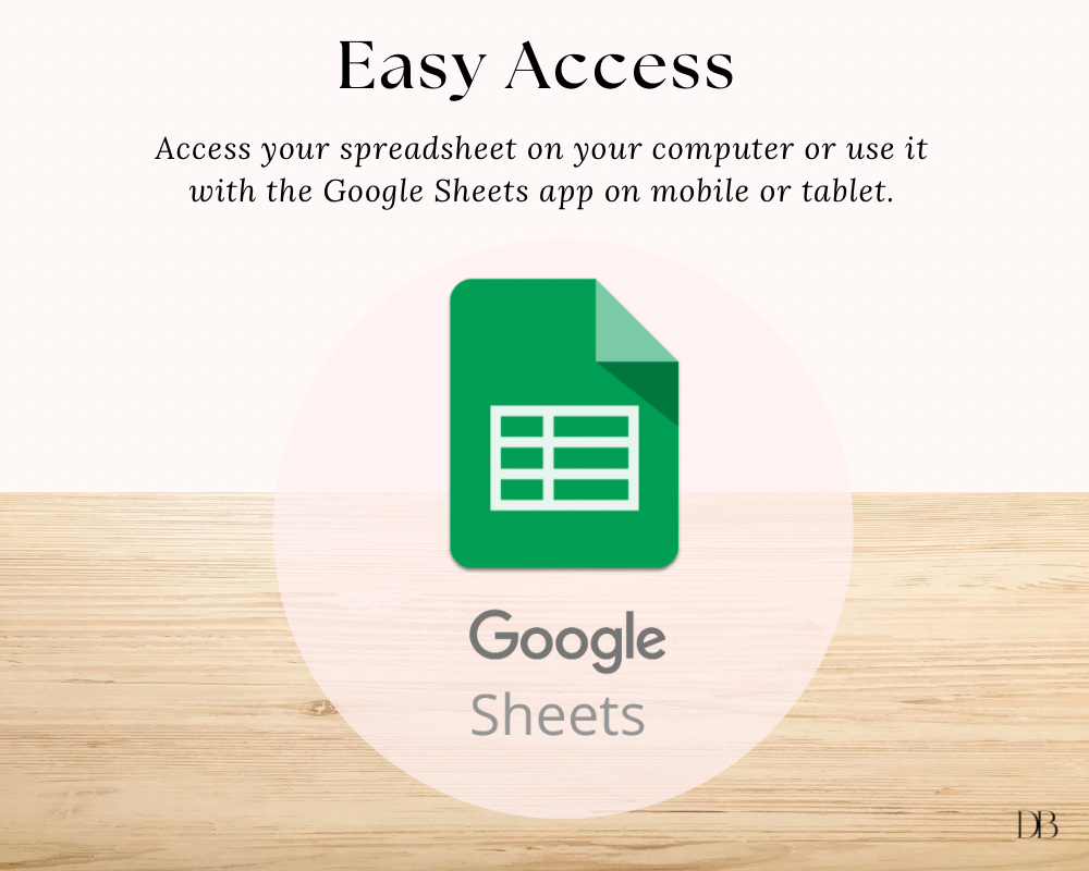 “Easy Access” slide with the Google Sheets logo, explaining you can access the budgeting spreadsheet on your computer or use it in the Google Sheets app on mobile or tablet
