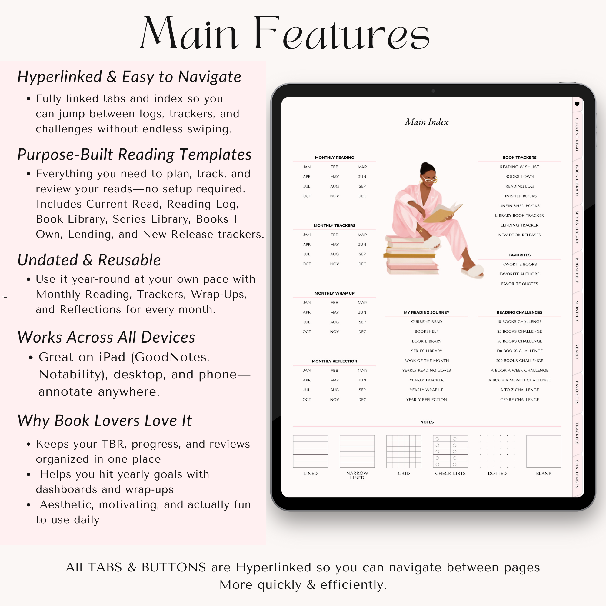 Hyperlinked digital reading journal for iPad with book tracker pages, reading log, TBR tracker, book library, reading goals, wrap-ups, reflections, and reading challenges (GoodNotes/Notability).
