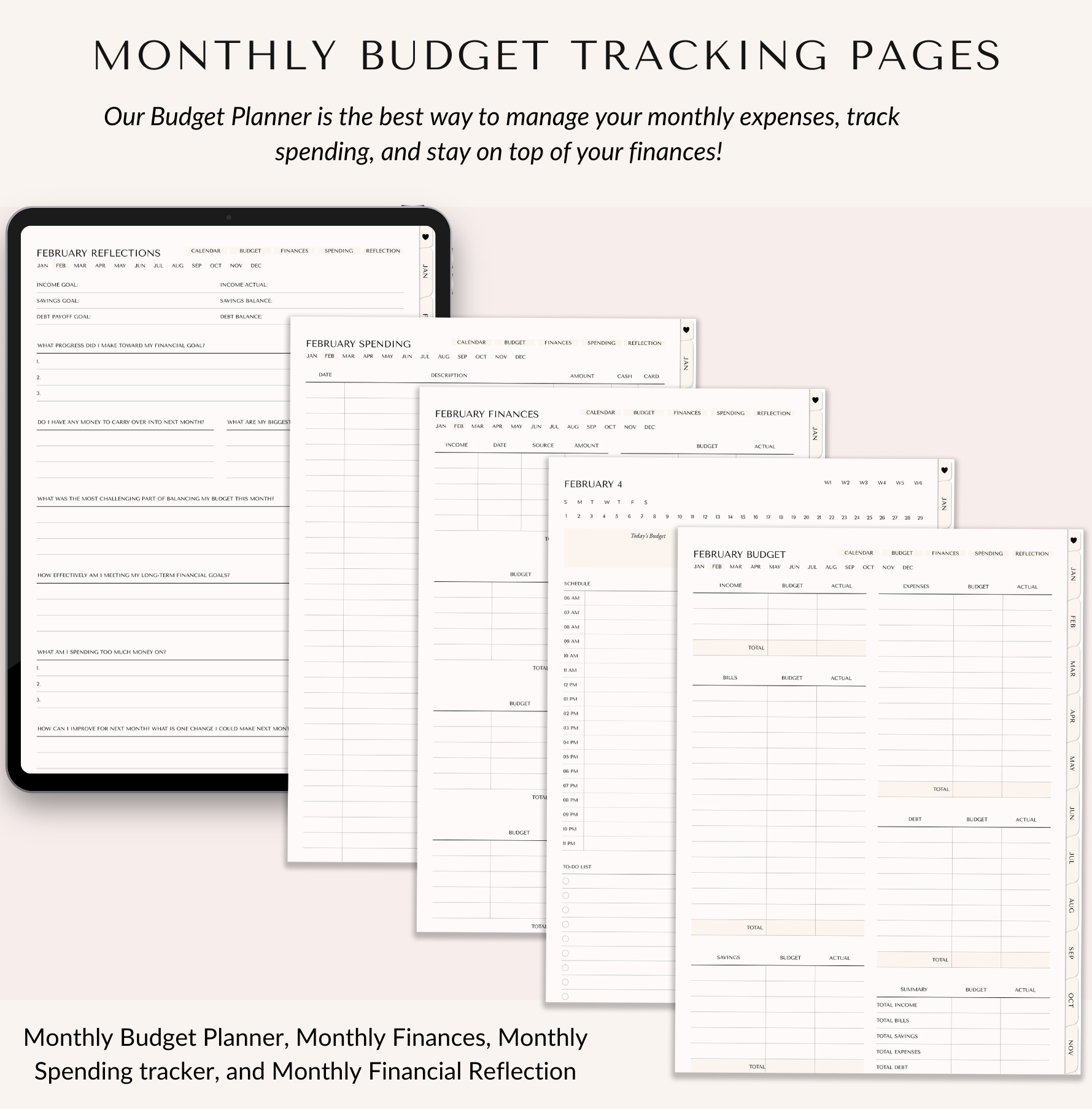Set of monthly budget tracking pages on a light background with text about budget planning.